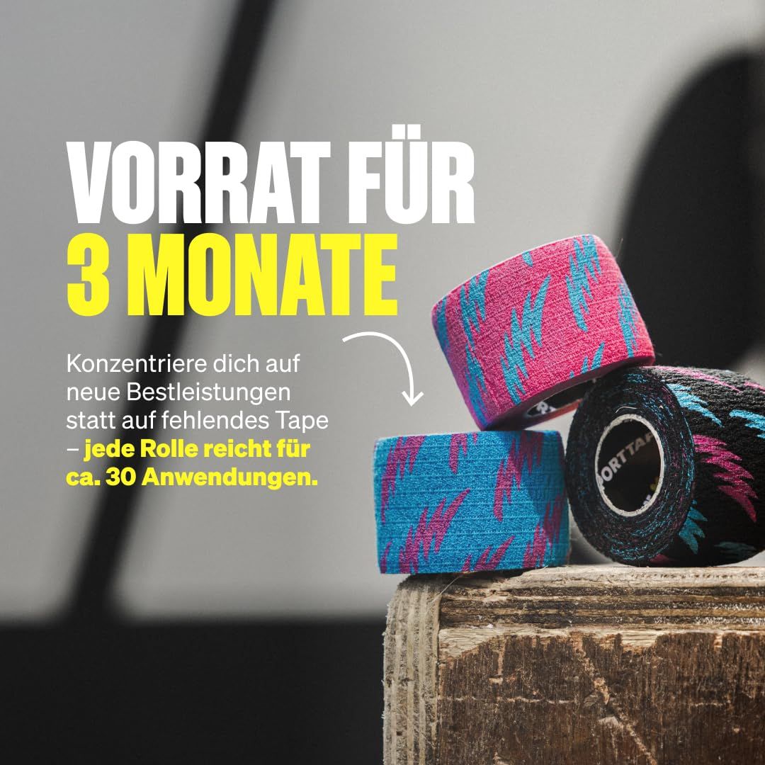 Drei Rollen Daumentape mit blau-pinkem und schwarz-pinkem Muster.