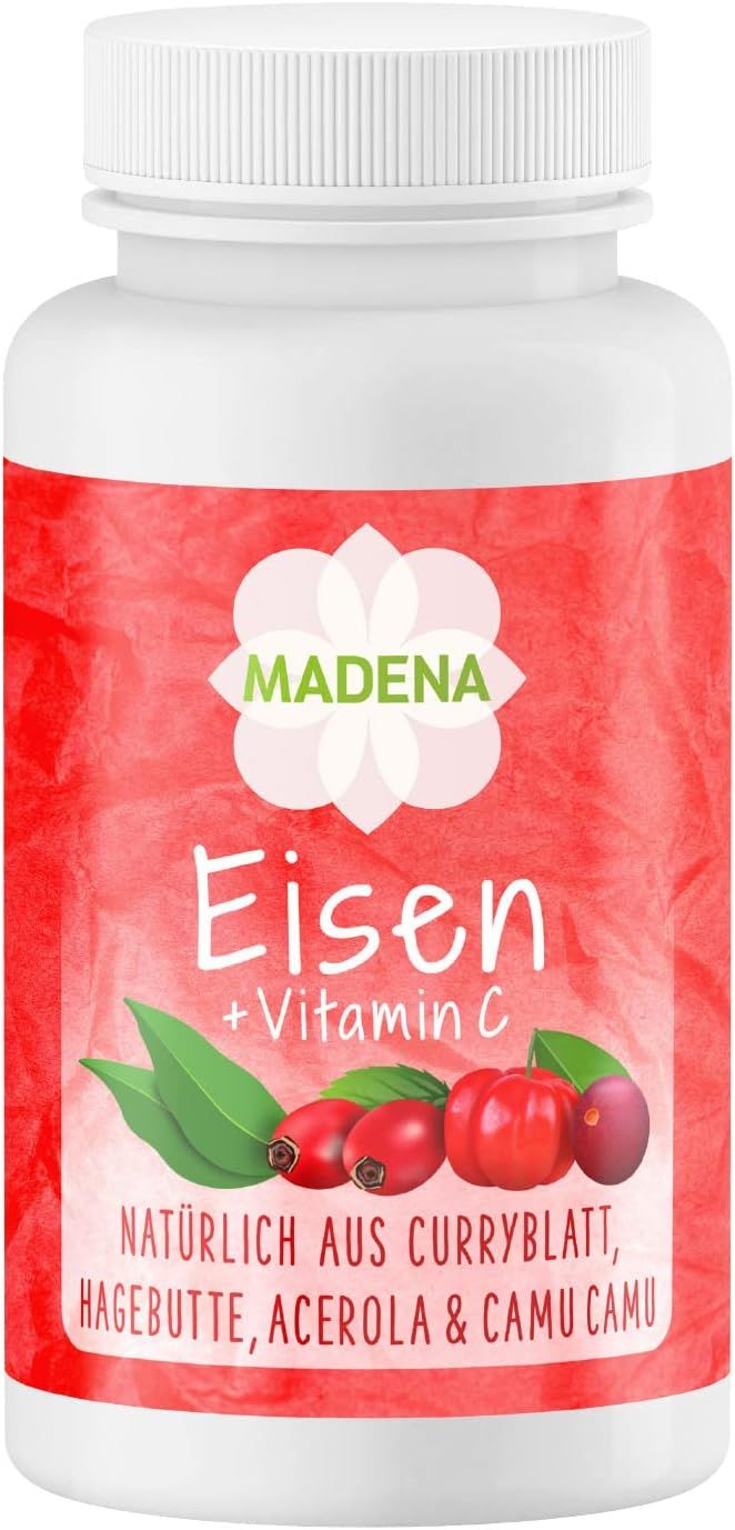 Produktflasche mit rotem Etikett und Text 'Eisen + Vitamin C'. Zutaten: Curryblatt, Hagebutte, Acerola & Camu Camu.