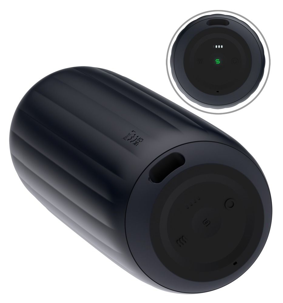 Dunkelblauer Masturbator, Oberseite mit Bedienfeld und LED-Anzeige.