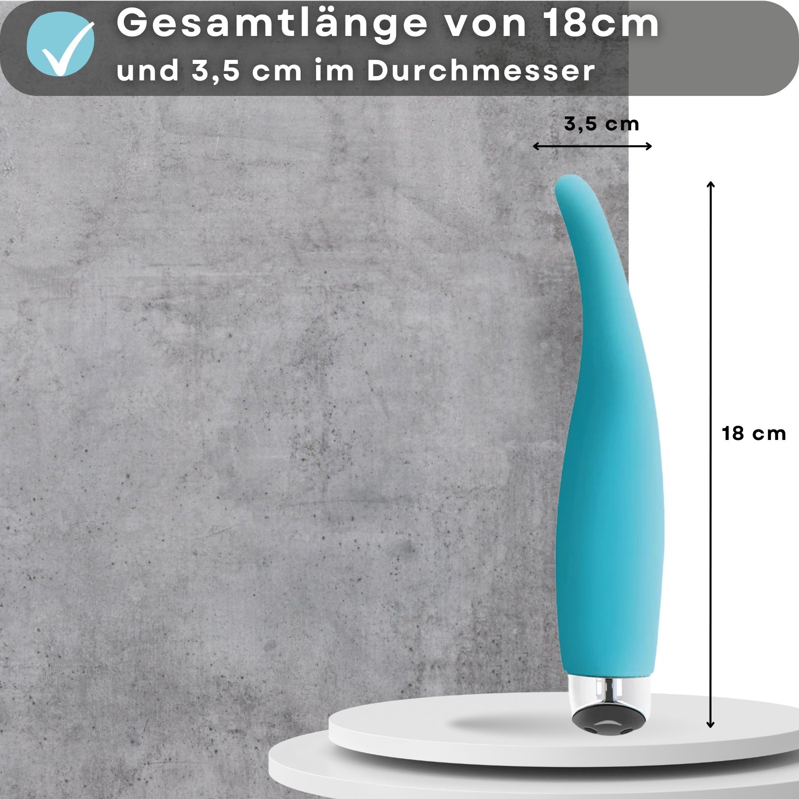 Blauer Vibrator. Text: 18cm lang, 3,5cm Durchmesser. Maße angezeigt.