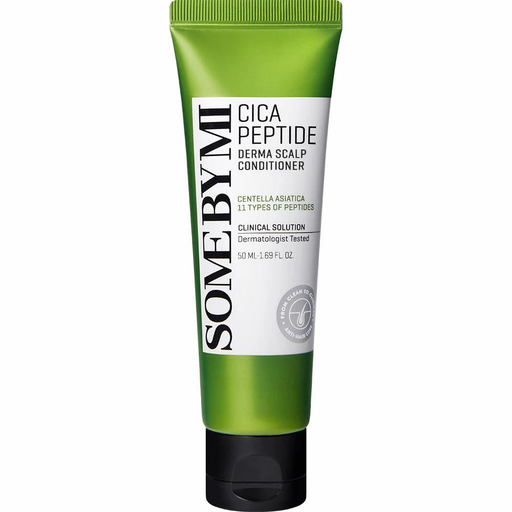 Grüne Tube SOME BY MI Cica Peptide Derma Scalp Conditioner. Schwarzer Deckel. Weiße Schrift. Siegel.