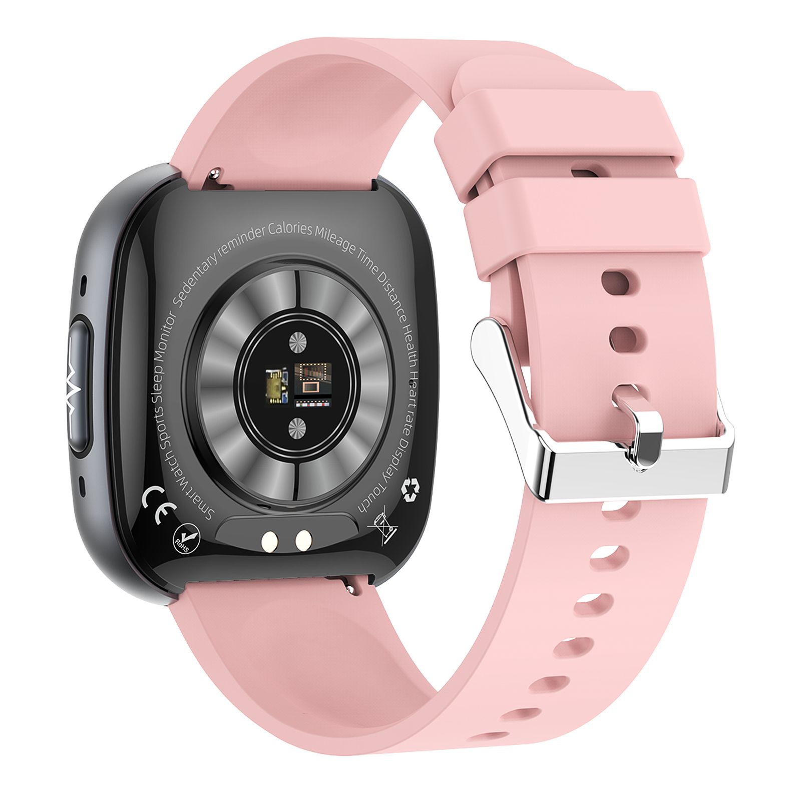 Rückseite einer Smartwatch mit rosa Armband. Herzfrequenzsensor und Ladekontakte. CE-Kennzeichnung.