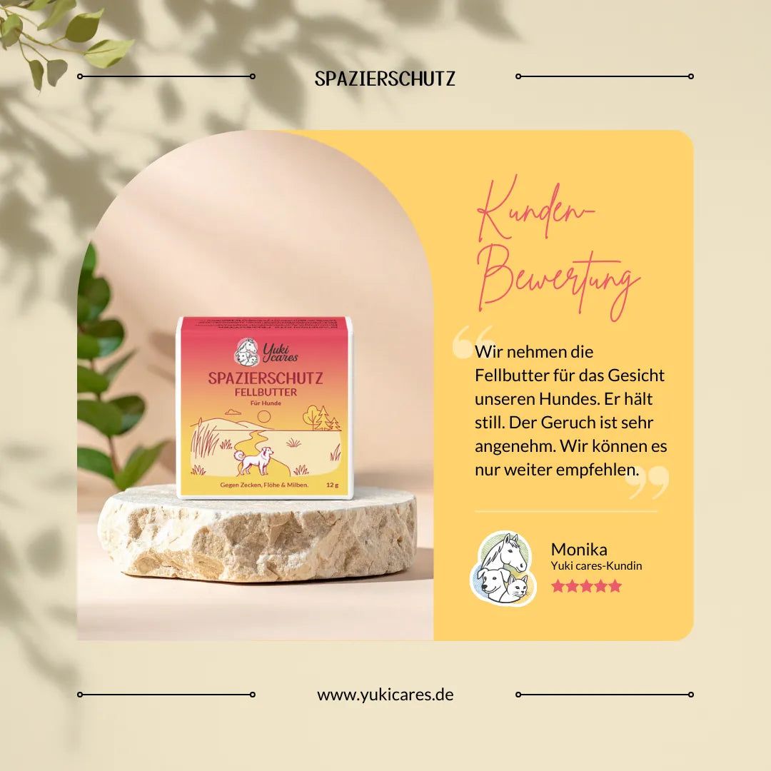 Produktverpackung auf Stein. Text: Spazierschutz Fellbutter. Kundenbewertung. Zitat einer Kundin. Website-Adresse.