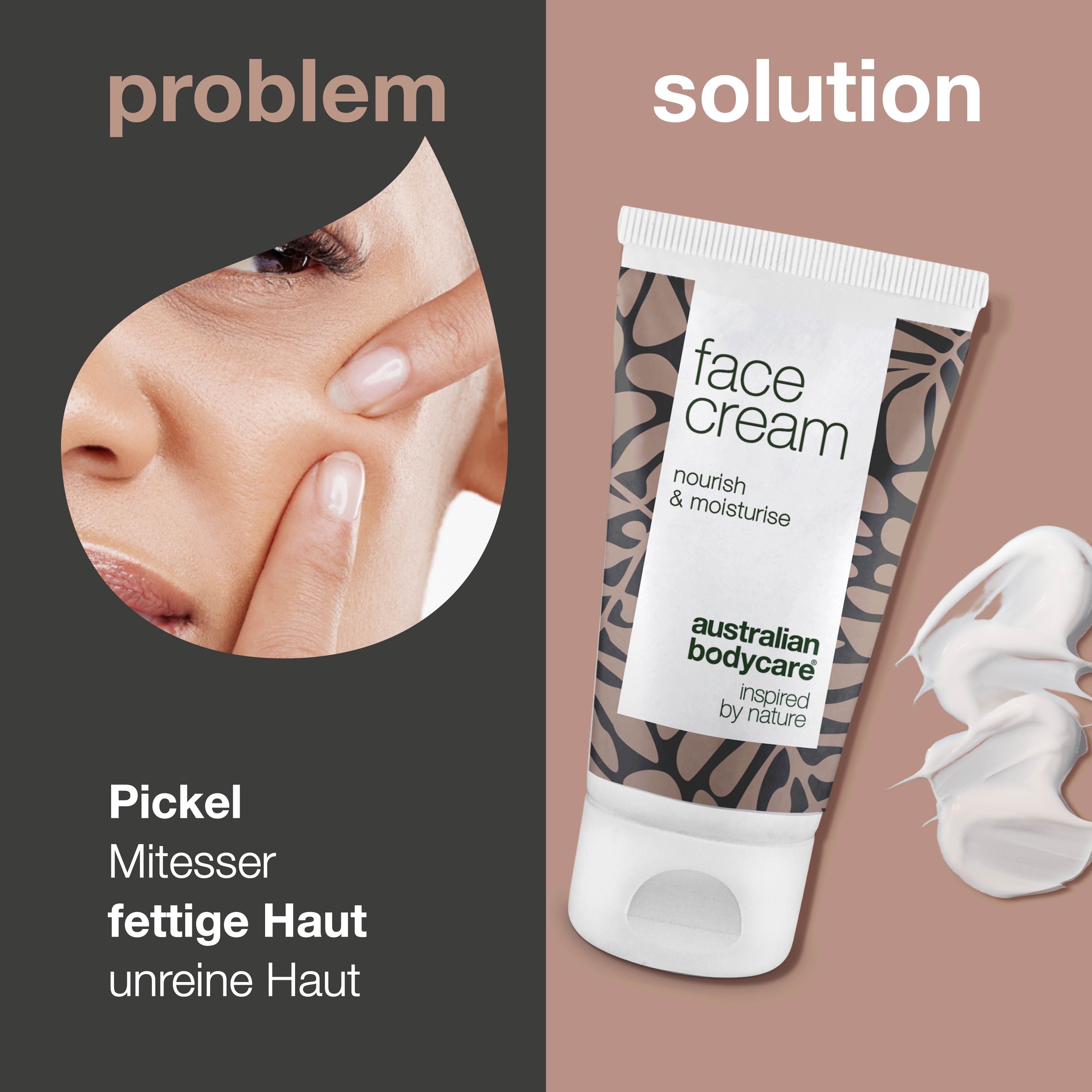 Gesicht mit Pickeln. Tube mit Aufschrift: face cream. Marke: Australian Bodycare. Creme daneben.