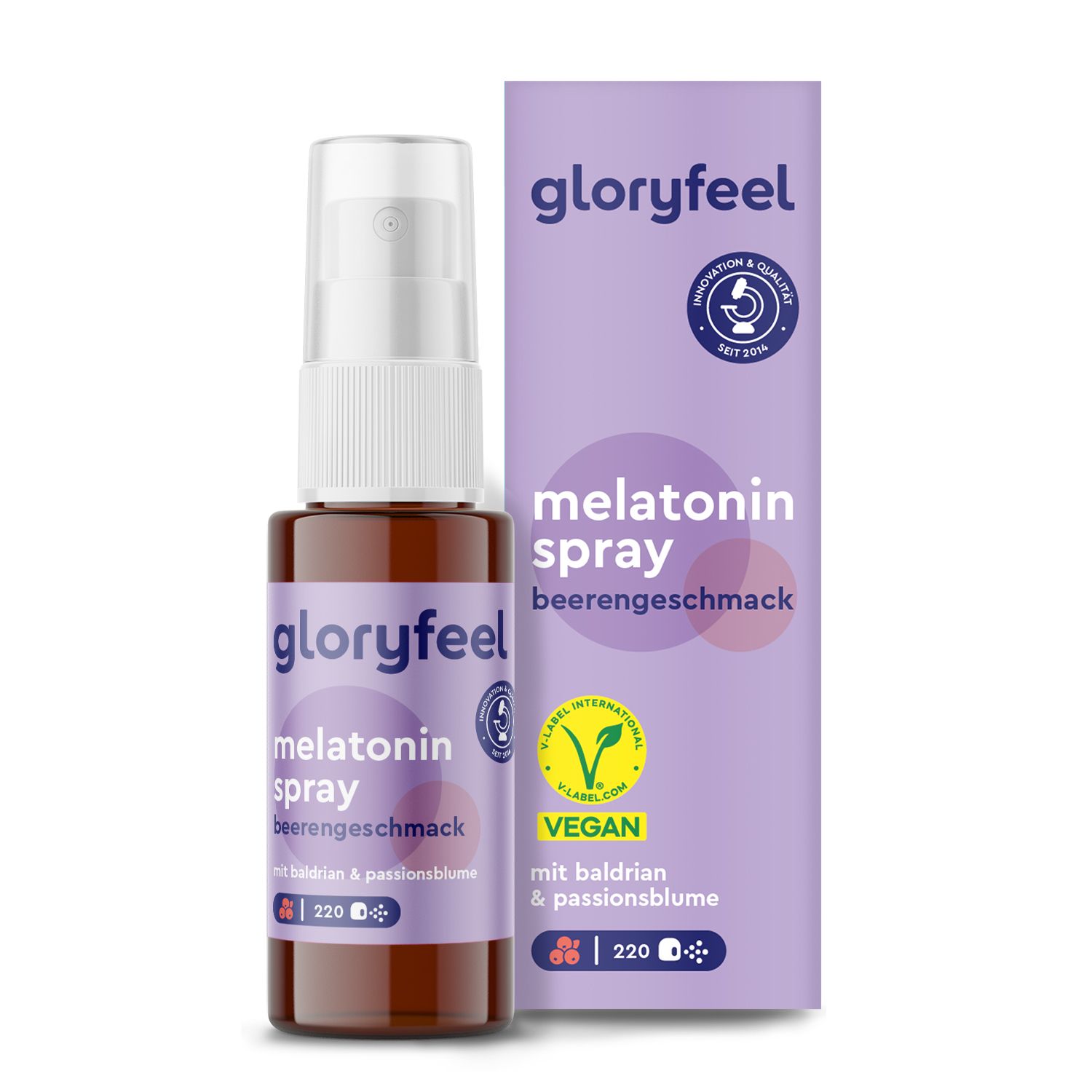 Braune Sprühflasche und Verpackung. Aufschrift: gloryfeel Melatonin Spray Beere. Vegan-Siegel.