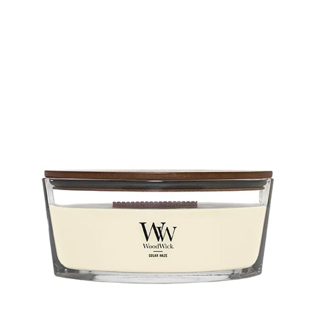 Kerze mit Glasbehälter und Holzdeckel. Aufschrift: WoodWick, Solar Haze. Rechteckige Form mit abgerundeten Ecken.