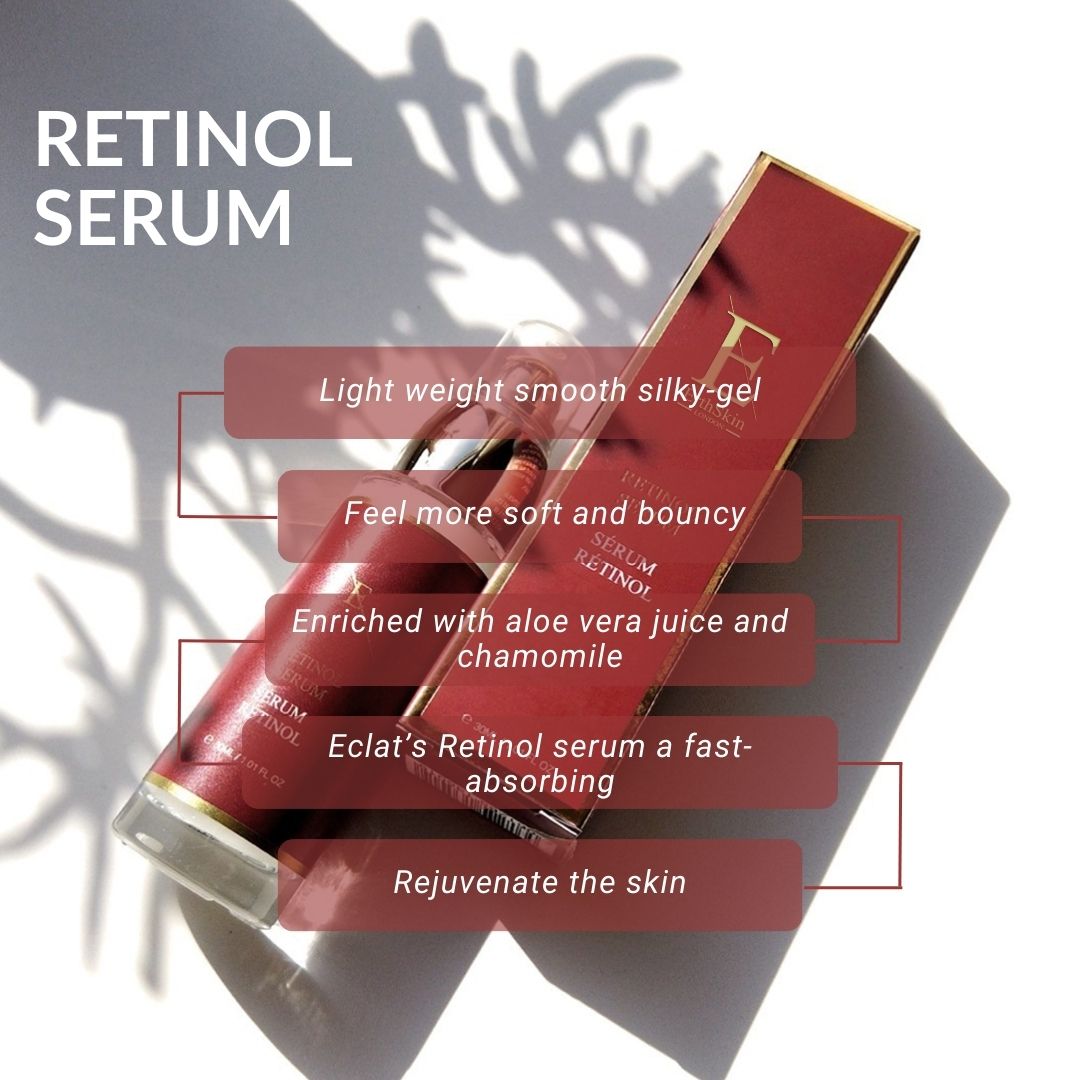 Retinol-Serum-Flasche und Verpackung. Flasche mit Dosierpumpe, rotes Etikett mit goldfarbenem Text. Verpackung mit Text.