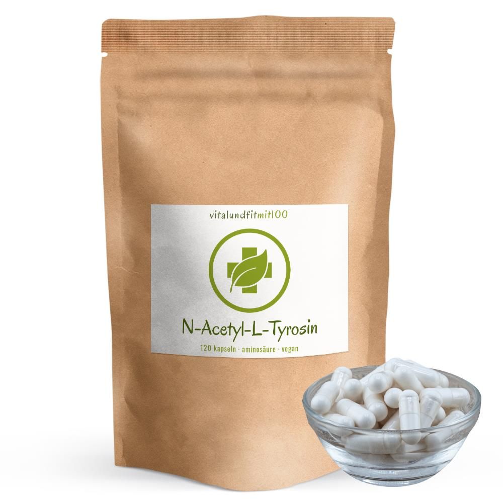 Braune Tüte mit Etikett: vitalundfitmit100, N-Acetyl-L-Tyrosin, 120 Kapseln. Glasschale mit weißen Kapseln.