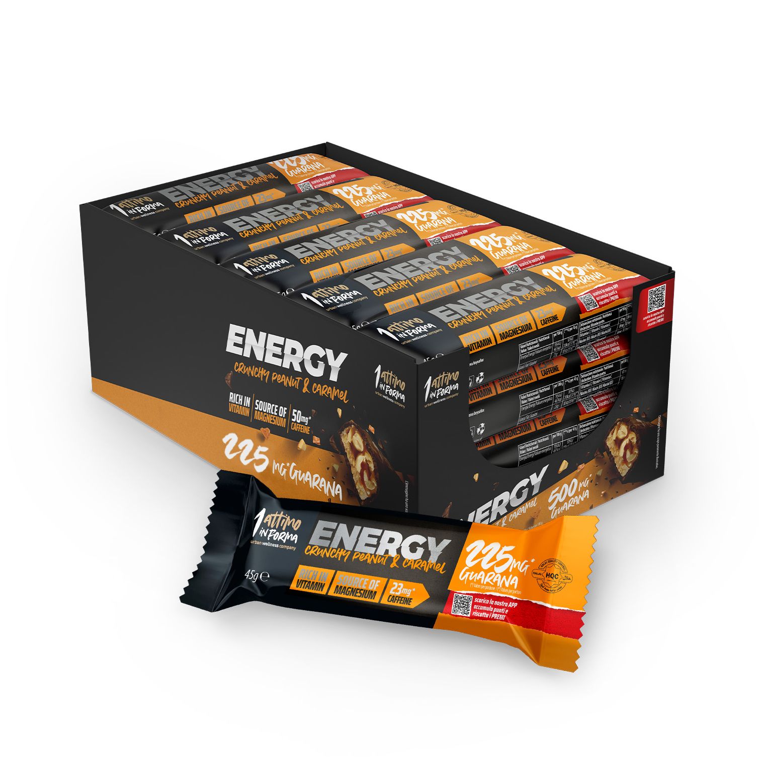 1attimoinforma Barretta Energy Crunchy con Magnesio; Gusto Cioccolato al latte, arachidi e caramello