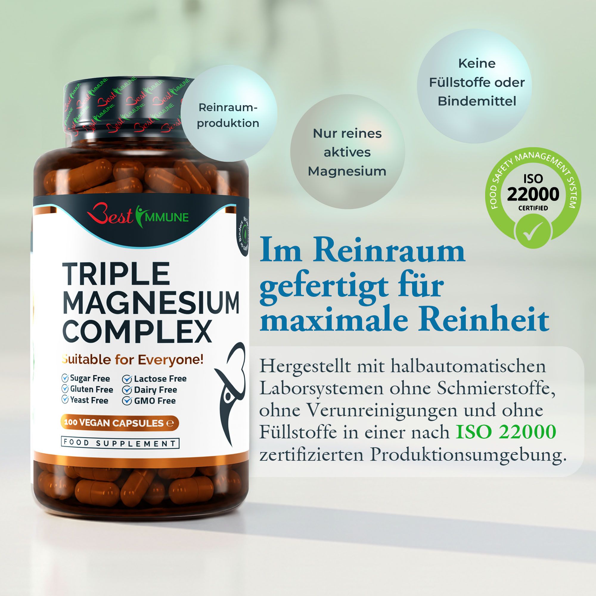 Braune Flasche mit 100 veganen Kapseln Triple Magnesium Complex. Reinraumproduktion, ISO 22000 zertifiziert.