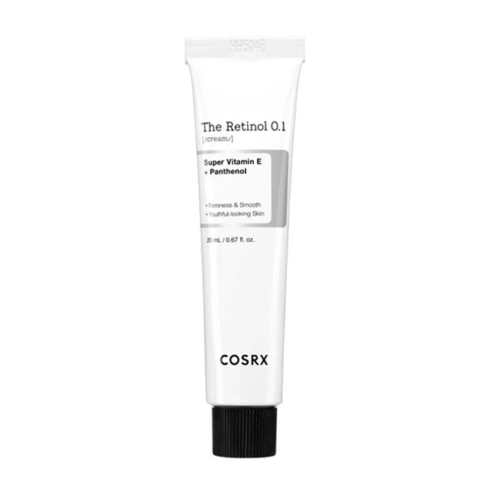 Weiße Tube mit schwarzem Deckel, beschriftet mit 'The Retinol 0.1 Cream' und 'COSRX'.