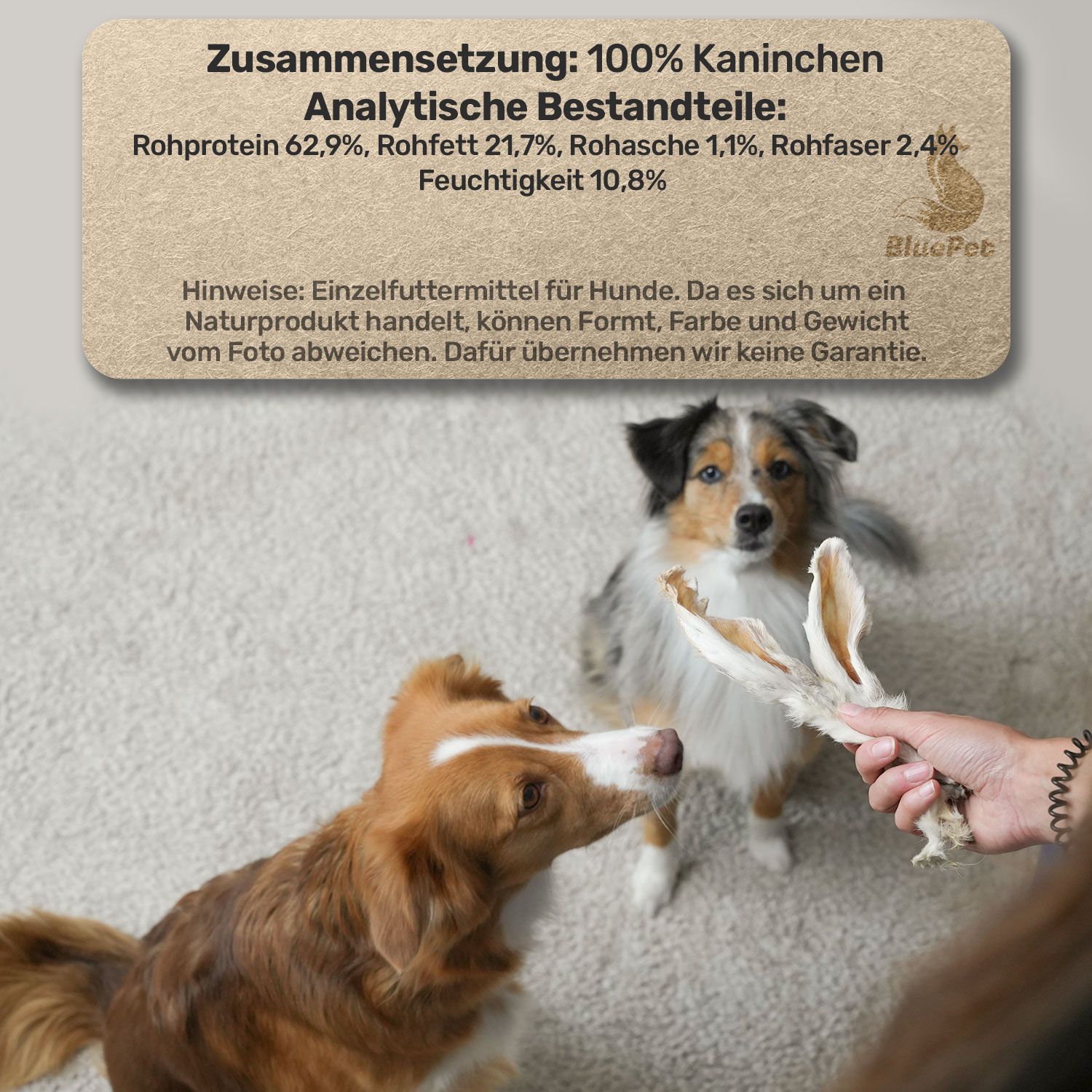 BluePet Kaninchenohren mit Fell, Natürlicher Hundesnack, Schonend getrocknet