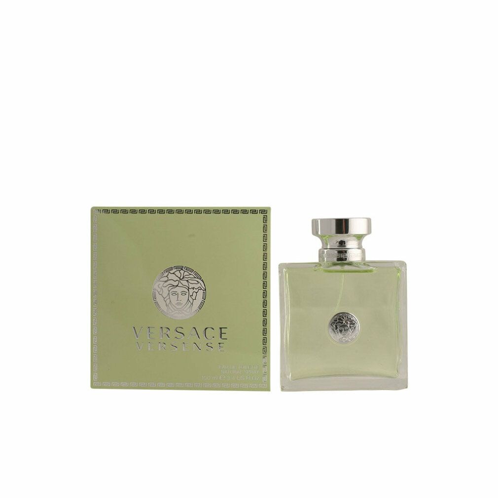 Versace Versense Eau de Toilette Spray. Flakon und Verpackung. Rechteckiger Flakon, silberner Verschluss. Grüne Verpackung mit Logo.