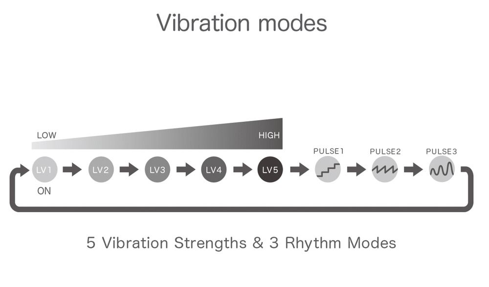 Diagramm der Vibrationsmodi. 5 Stärken und 3 Rhythmen. Beschriftung: LV1-LV5, PULSE1-3.