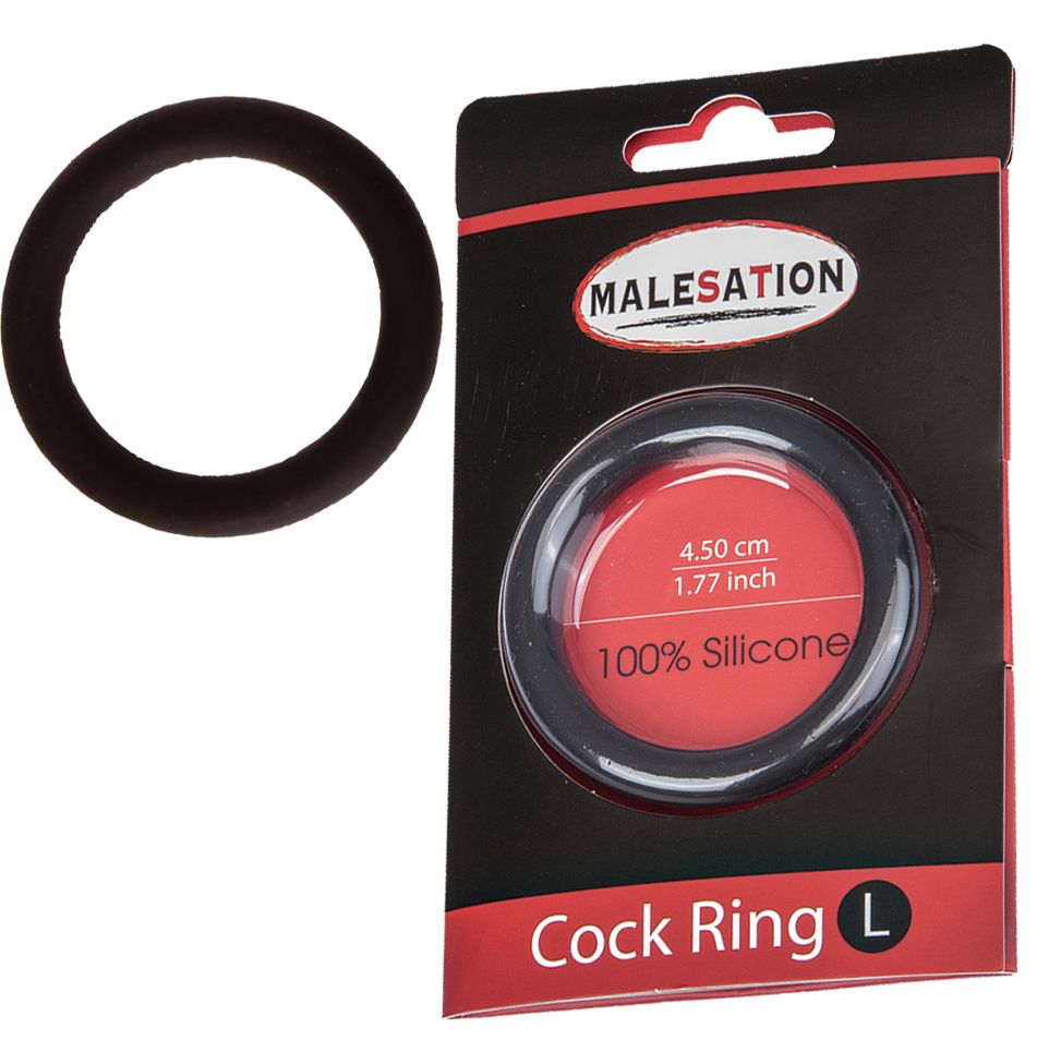 Schwarzer Silikon-Cockring L (Ø 4,50 cm). Verpackung mit Produktname und Größenangabe. Marke: MALESATION.
