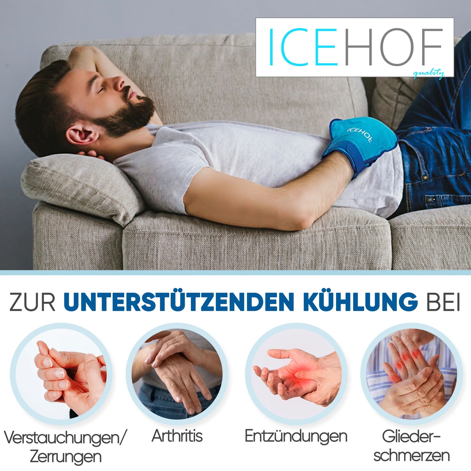 Mann mit ICEHOF Kühlhandschuh auf dem Bauch liegend. Anwendungsbeispiele: Verstauchungen, Arthritis, Entzündungen, Gliederschmerzen.