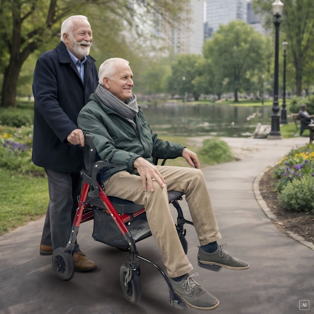 Ein Mann sitzt in einem Rollator, während ein Freund ihn schiebt.