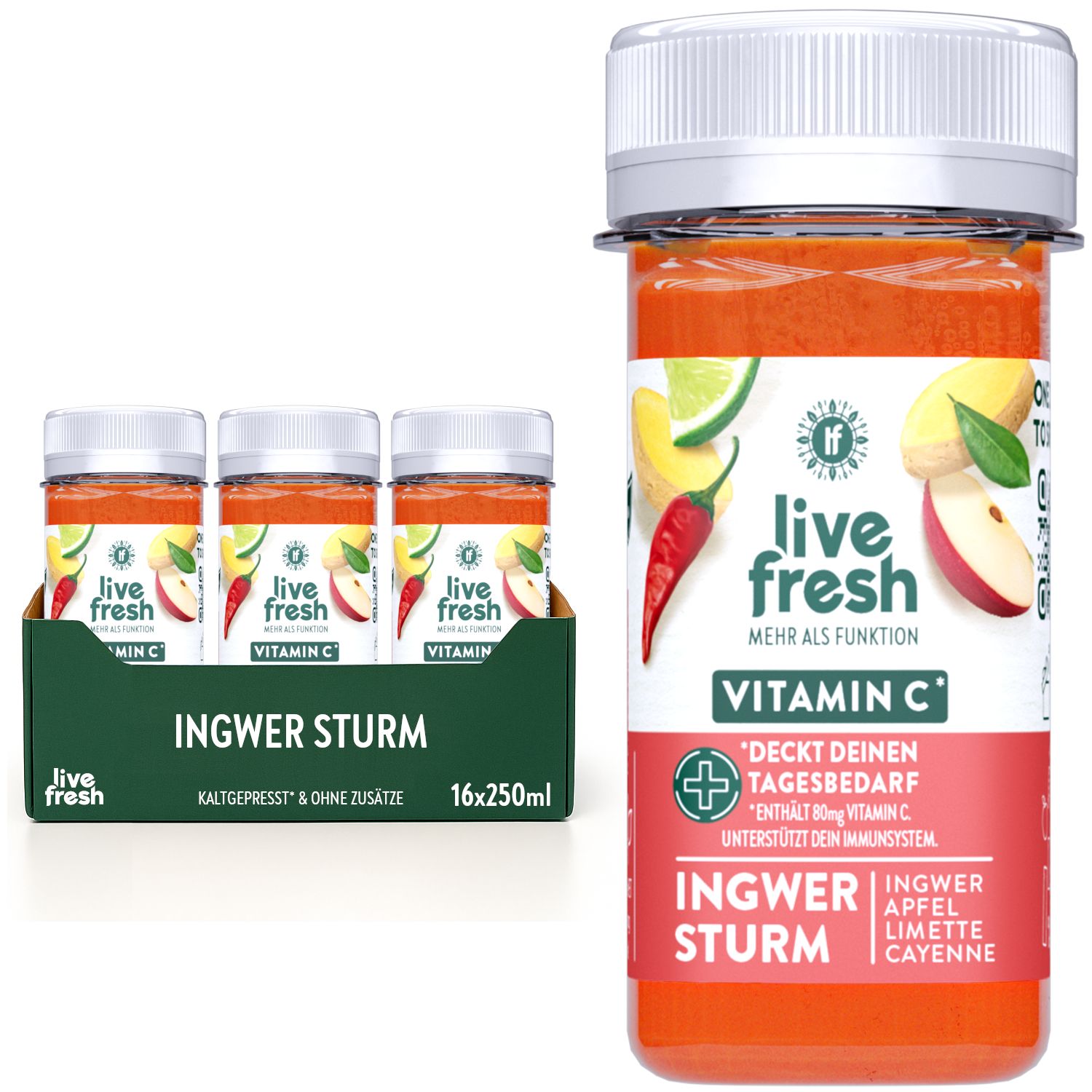 Mehrere Flaschen Ingwer Sturm mit Vitamin C. Einzelne Flasche und Packung mit 16 Flaschen. Aufschrift: LiveFresh, Ingwer Sturm, Vitamin C.