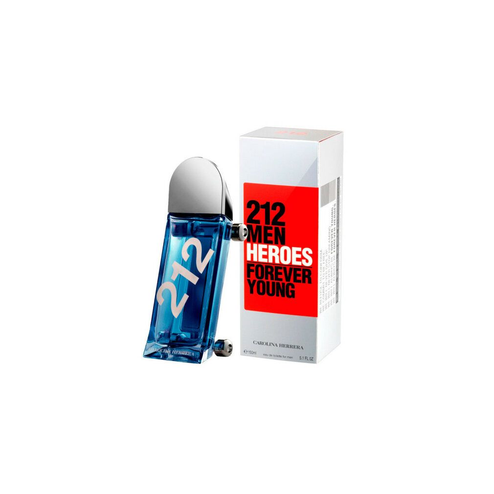 Blaues Parfümflakon mit silbernem Deckel und weißer Verpackung. Aufschrift: 212 Men Heroes Forever Young. Marke: Carolina Herrera.