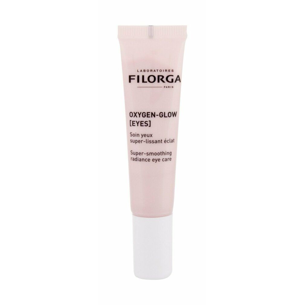 Rosa Tube mit weißem Verschluss. Aufschrift: FILORGA, Oxygen-Glow [EYES], Super-smoothing radiance eye care.