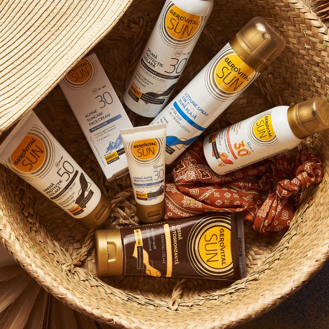 Korb mit Sonnenpflegeprodukten. Enthalten: Tuben, Sprays. Aufschrift: Gerovital Sun, Creme, Lotion, Sonnenschutzfaktor 30 und 50.