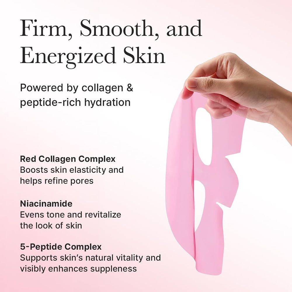 Rosa Hydrogel-Maske mit Ausschnitten für Augen und Mund, gehalten von einer Hand.