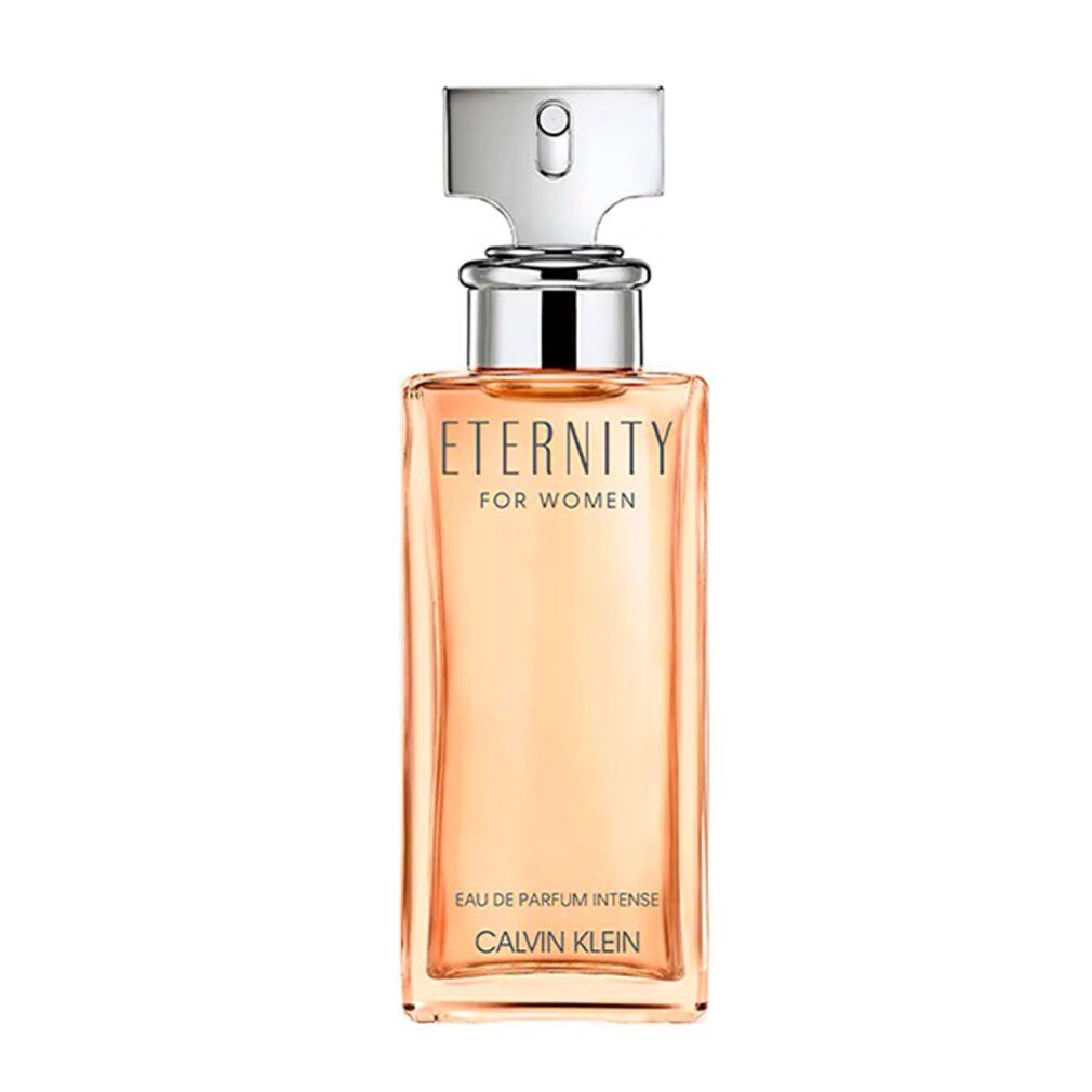Eckiger Flakon mit silbernem Verschluss. Aufschrift: Eternity for Women, Eau de Parfum Intense, Calvin Klein.