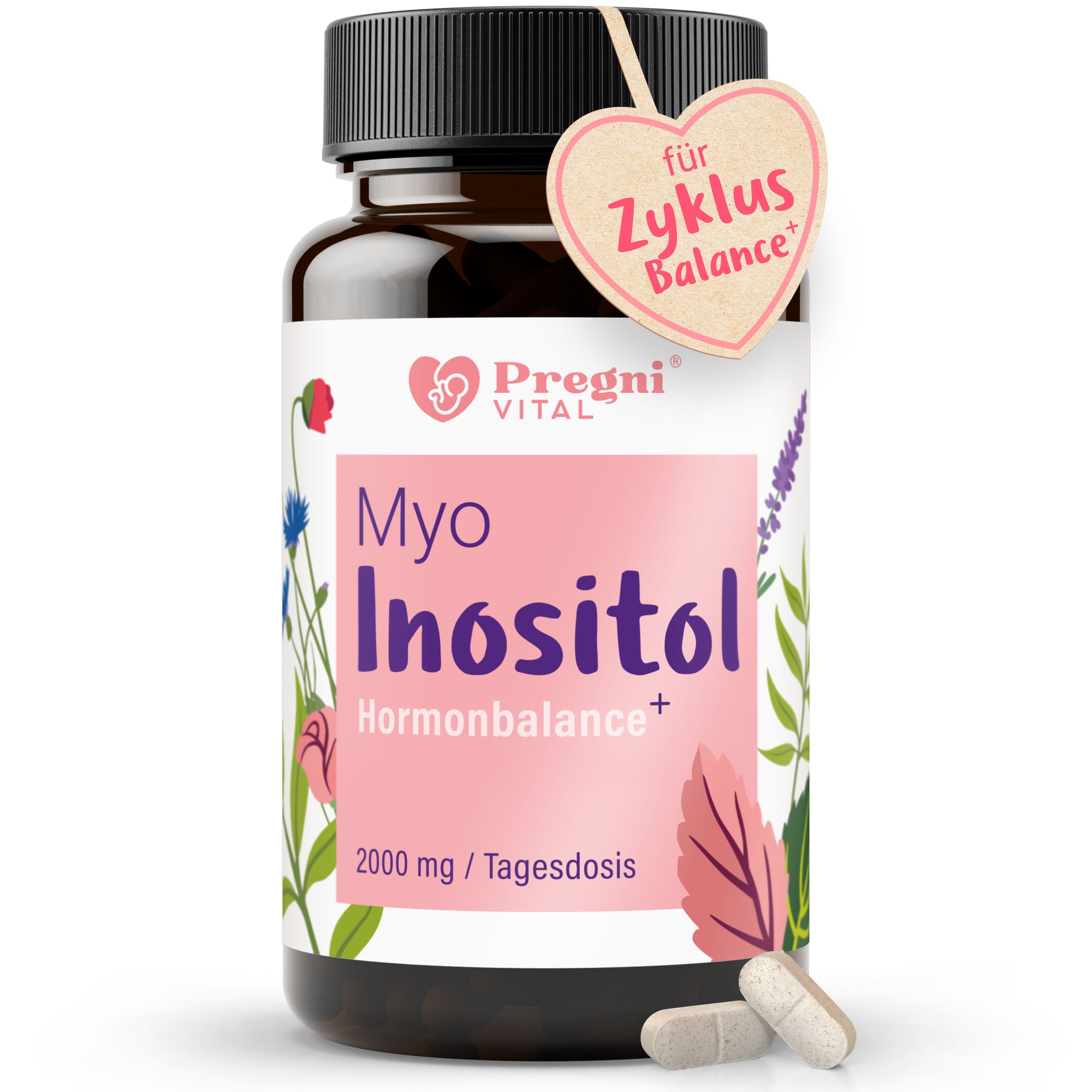 PregniVital Myo-Inositol Kapseldose mit Blütenmotiv und Herzanhänger für Zyklus Balance.