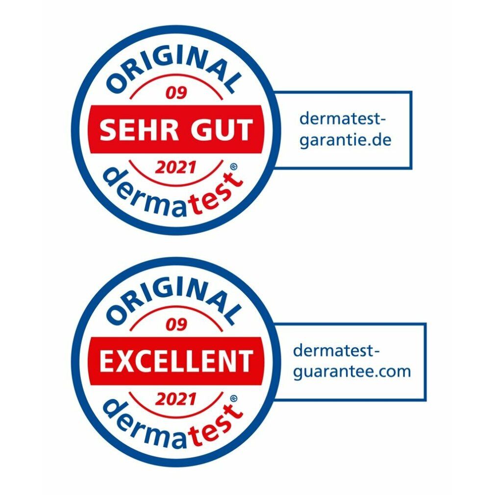 Zwei runde Siegel. "SEHR GUT" und "EXCELLENT" von dermatest.de und dermatest-guarantee.com.