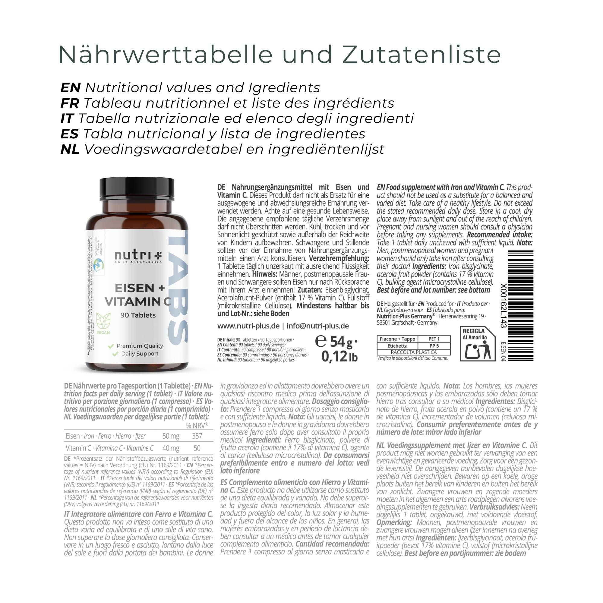 Tabella nutrizionale e lista ingredienti su sfondo bianco. Flacone di compresse nutri+ Eisen + Vitamina C.