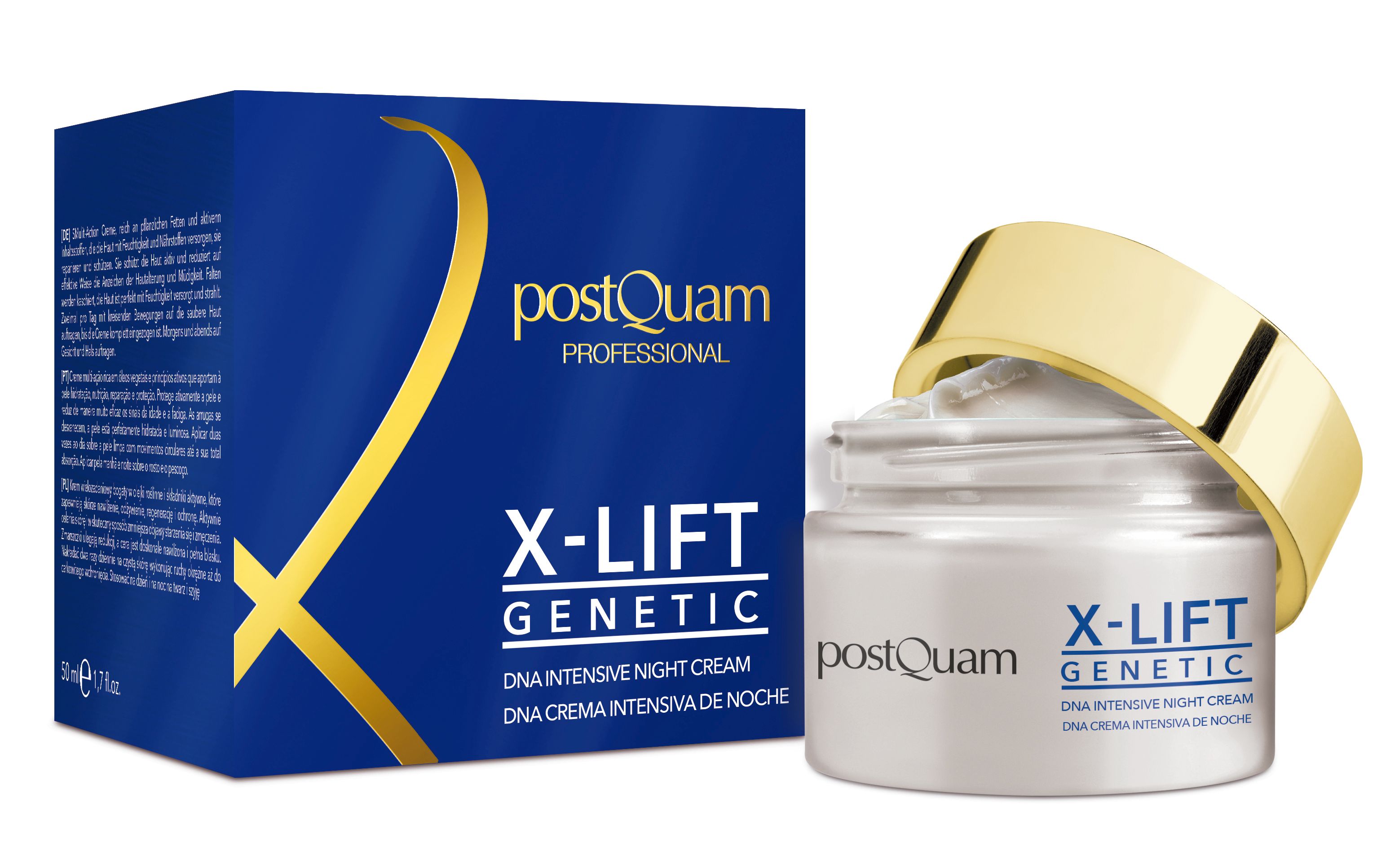 Creme-Tiegel mit goldfarbenem Deckel und blauer Schachtel. Aufschrift: PostQuam, X-Lift Genetic, DNA Intensive Night Cream.