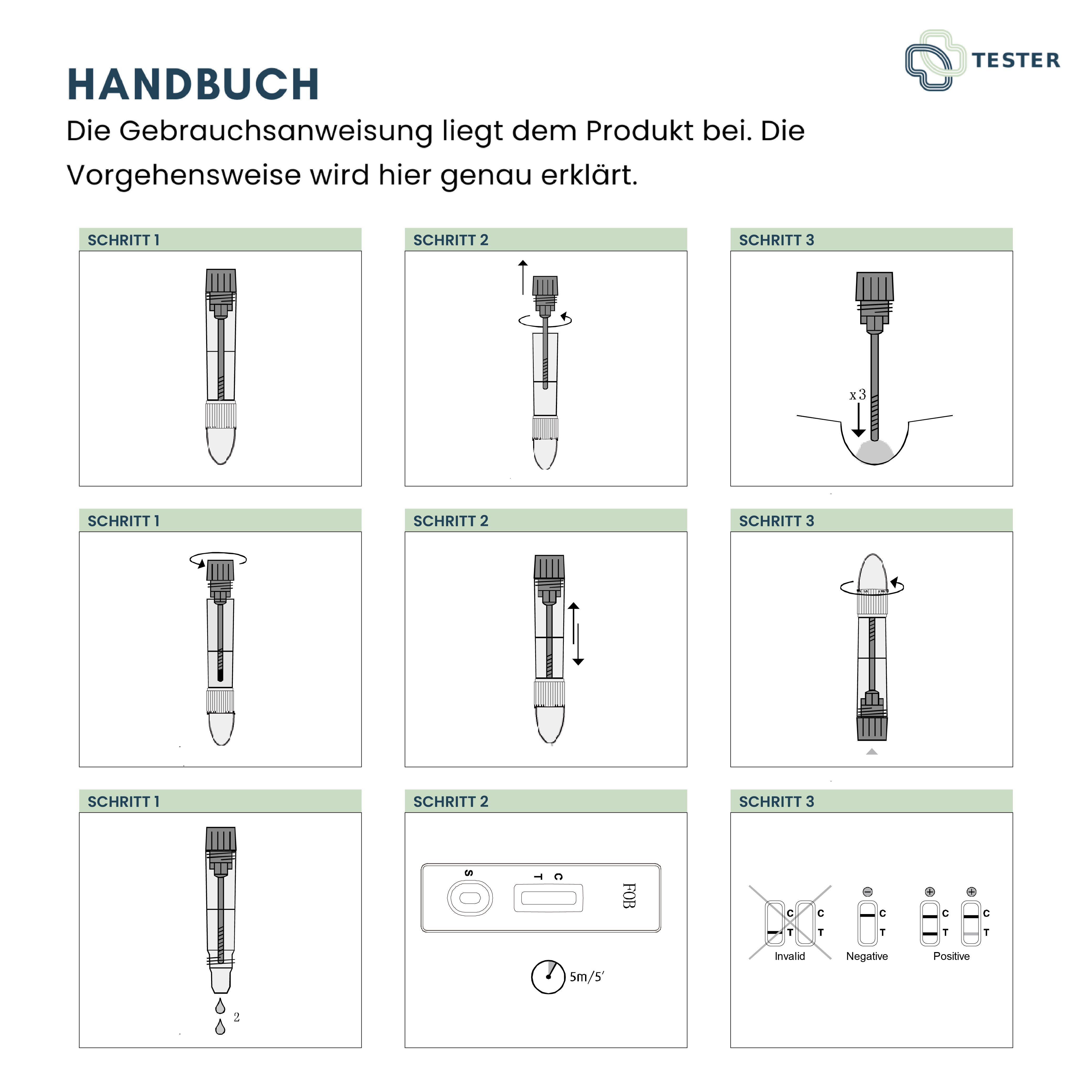 Anleitung mit Illustrationen zur Anwendung. Schritte 1-3, mit Produktabbildungen.