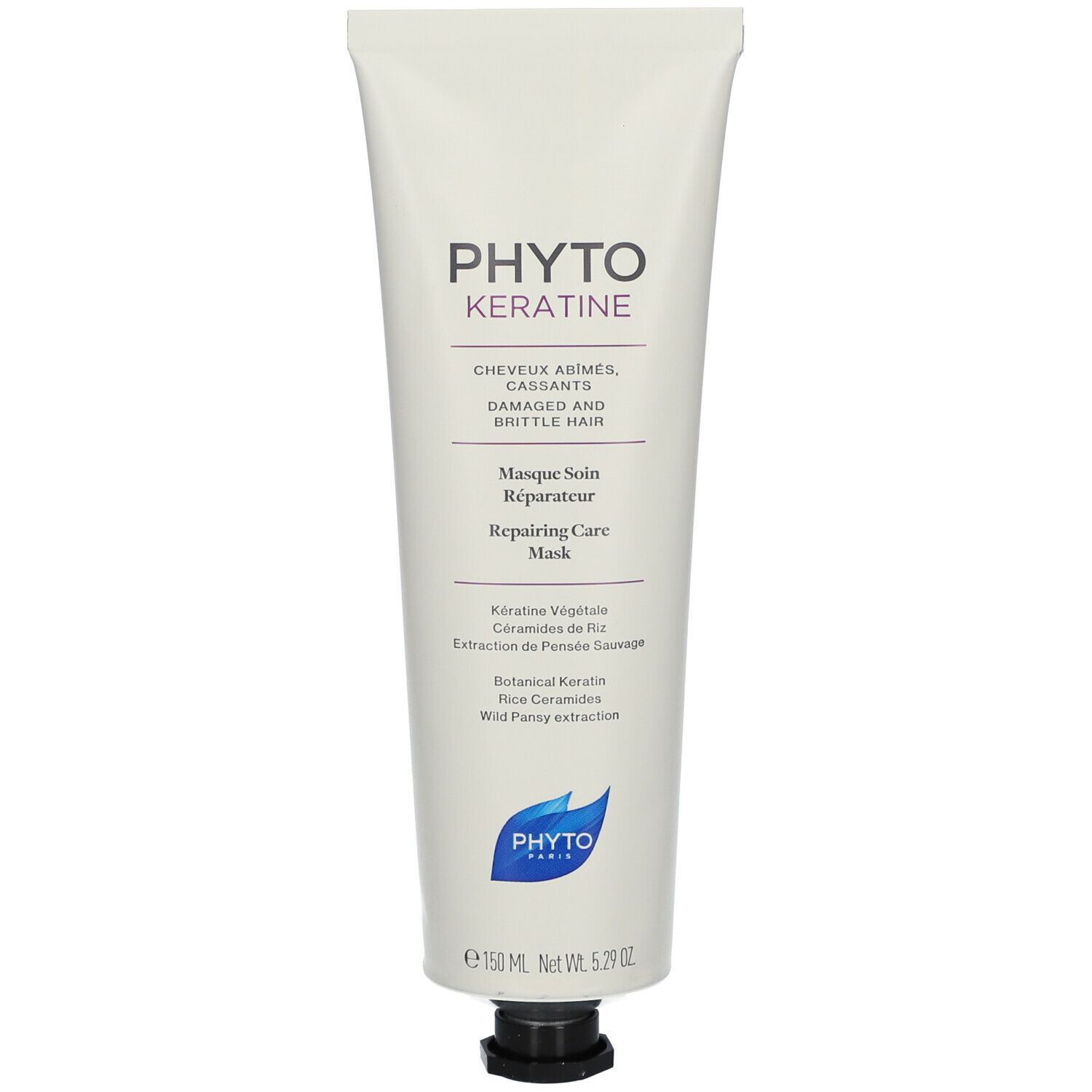 Creme-Tube mit Produktnamen und Text. Schwarzer Verschluss. 150 ml. Marke PHYTO.