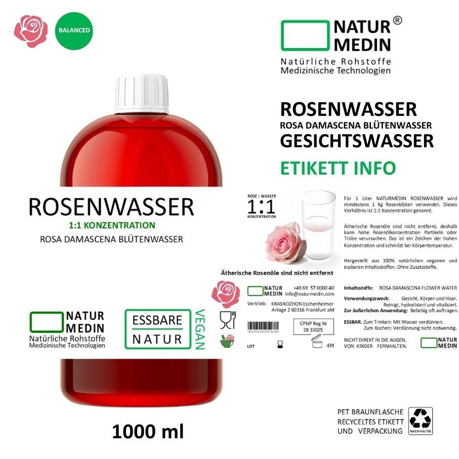Rote Flüssigkeit in einer Flasche mit weißem Verschluss. Beschriftung: Rosenwasser, 1:1 Konzentration, Rosa Damascena Blütenwasser. Vegan. Mit Etikett.