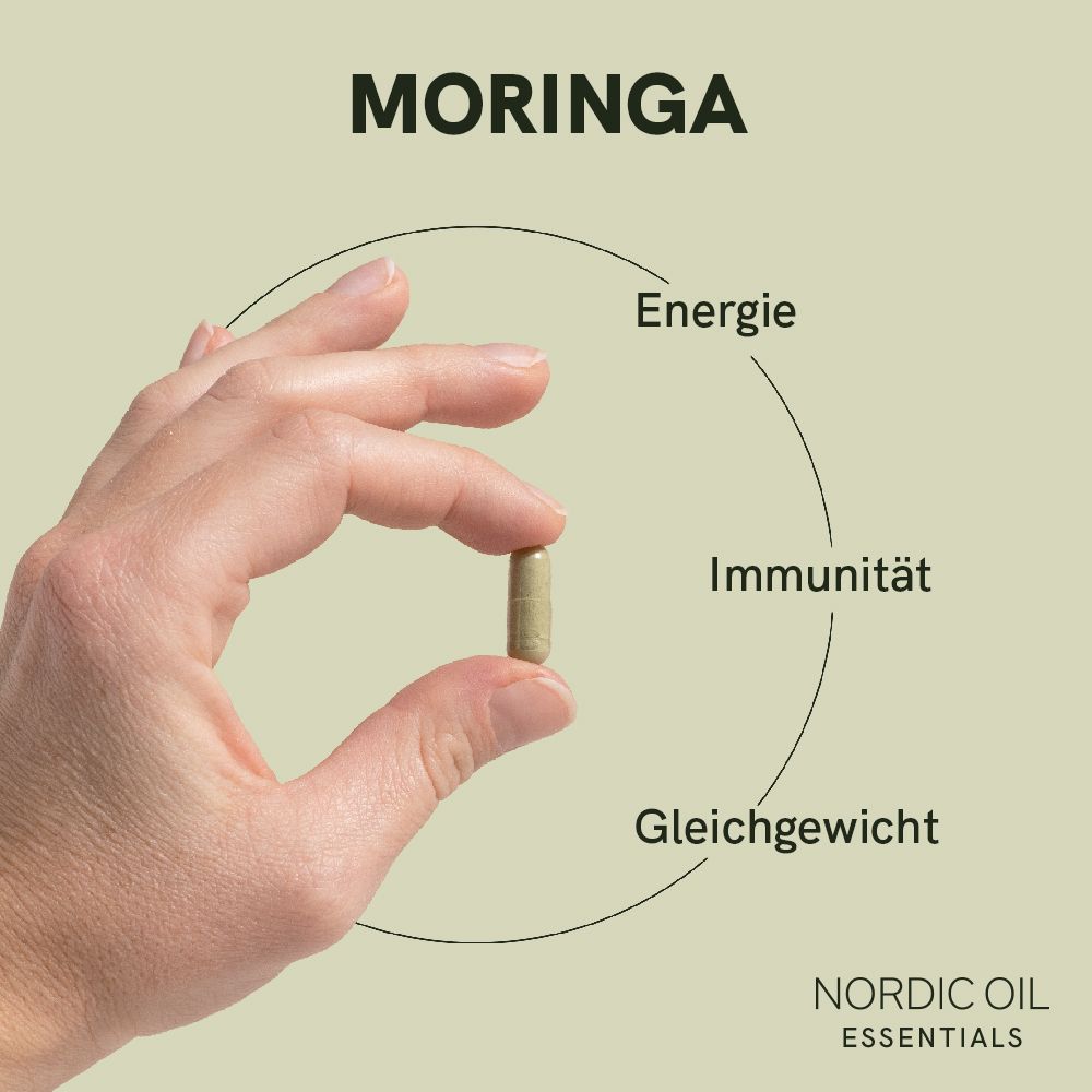 Hand hält eine Kapsel. Um die Kapsel ein Kreis mit den Wörtern Energie, Immunität und Gleichgewicht. Nordic Oil Essentials.