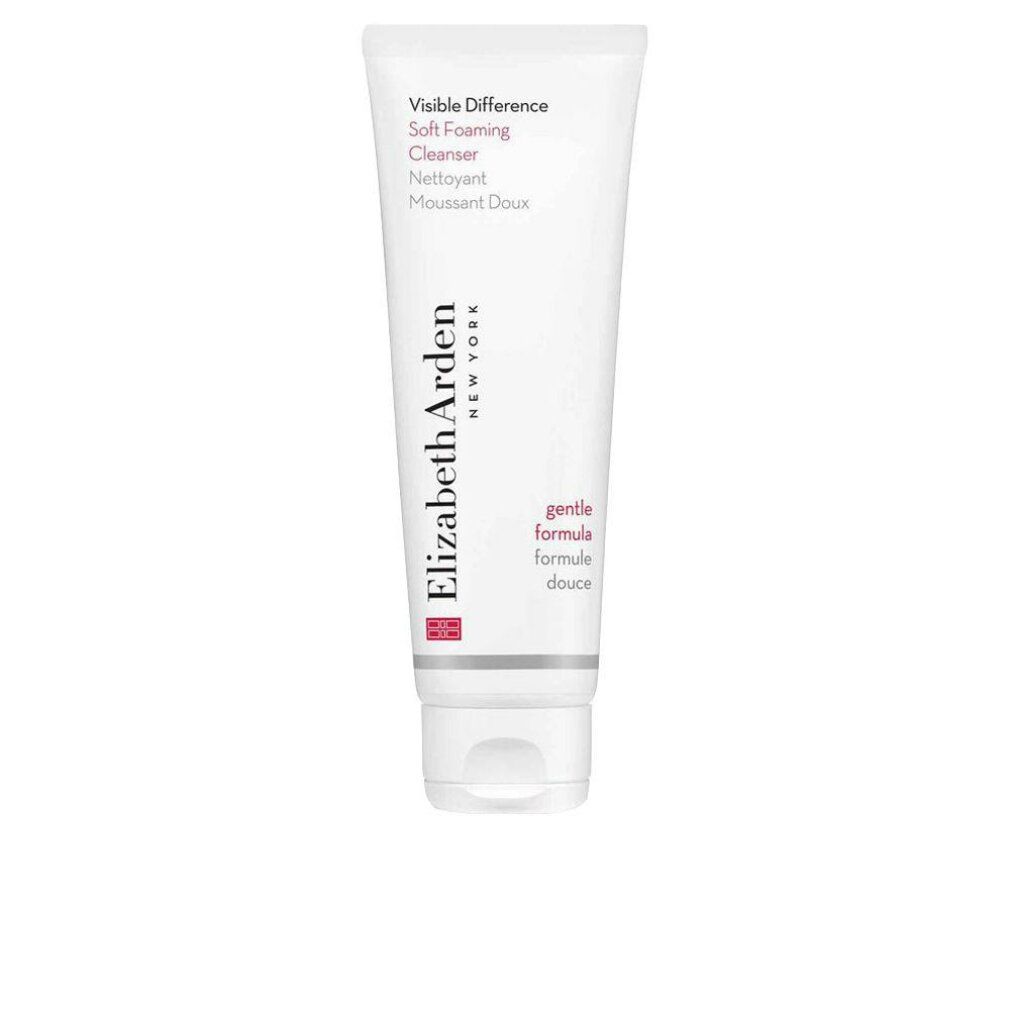 Weiße Tube mit roter und schwarzer Schrift. Elizabeth Arden New York, Visible Difference Soft Foaming Cleanser.