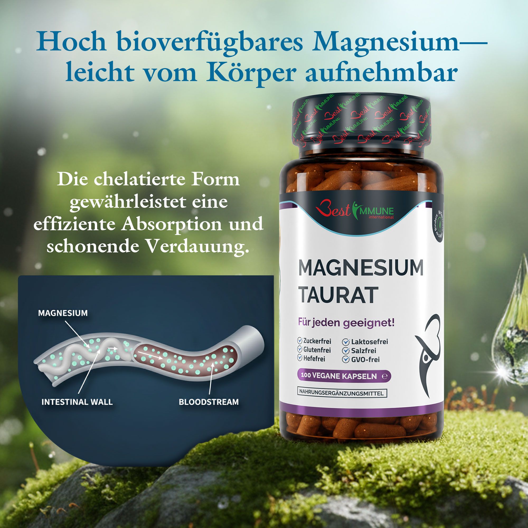Flasche mit Magnesium Taurat-Kapseln neben einer schematischen Darstellung der Magnesiumaufnahme im Darm.