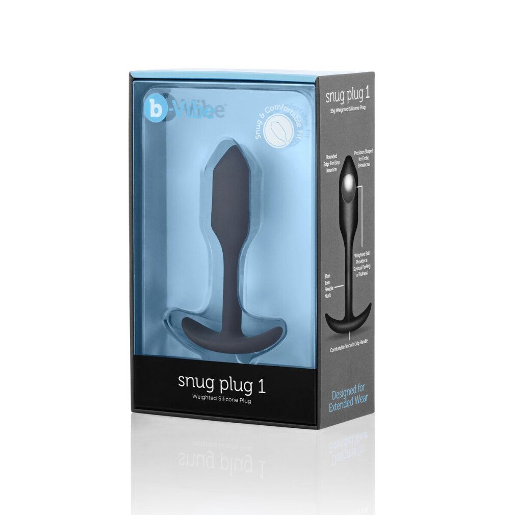 b-Vibe Snug Plug 1 nero in Verpackung. Schwarzer Plug in transparenter Box.