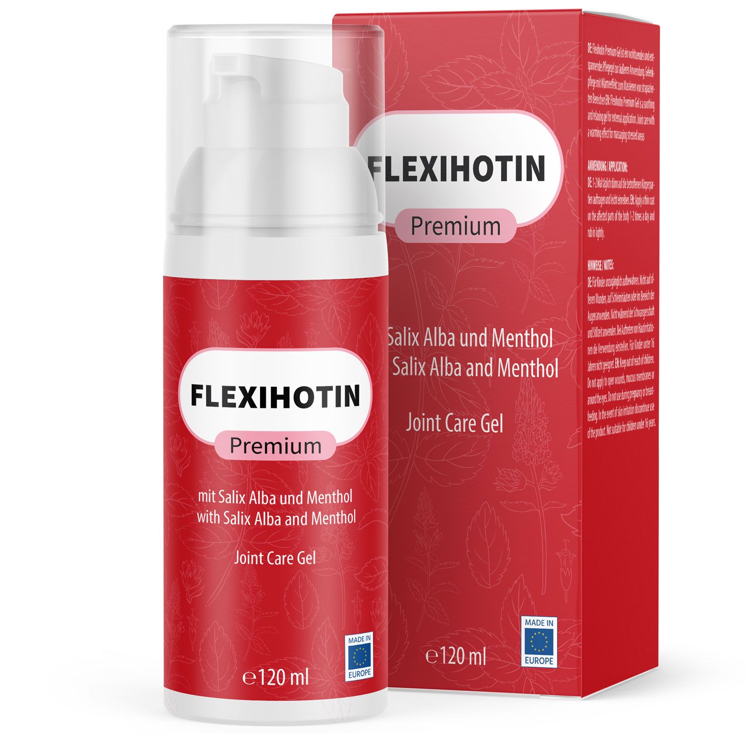 Flexihotin Premium Gel, Flasche und Verpackung. Rote Verpackung mit Produktnamen und Inhaltsangaben. EU-Siegel.
