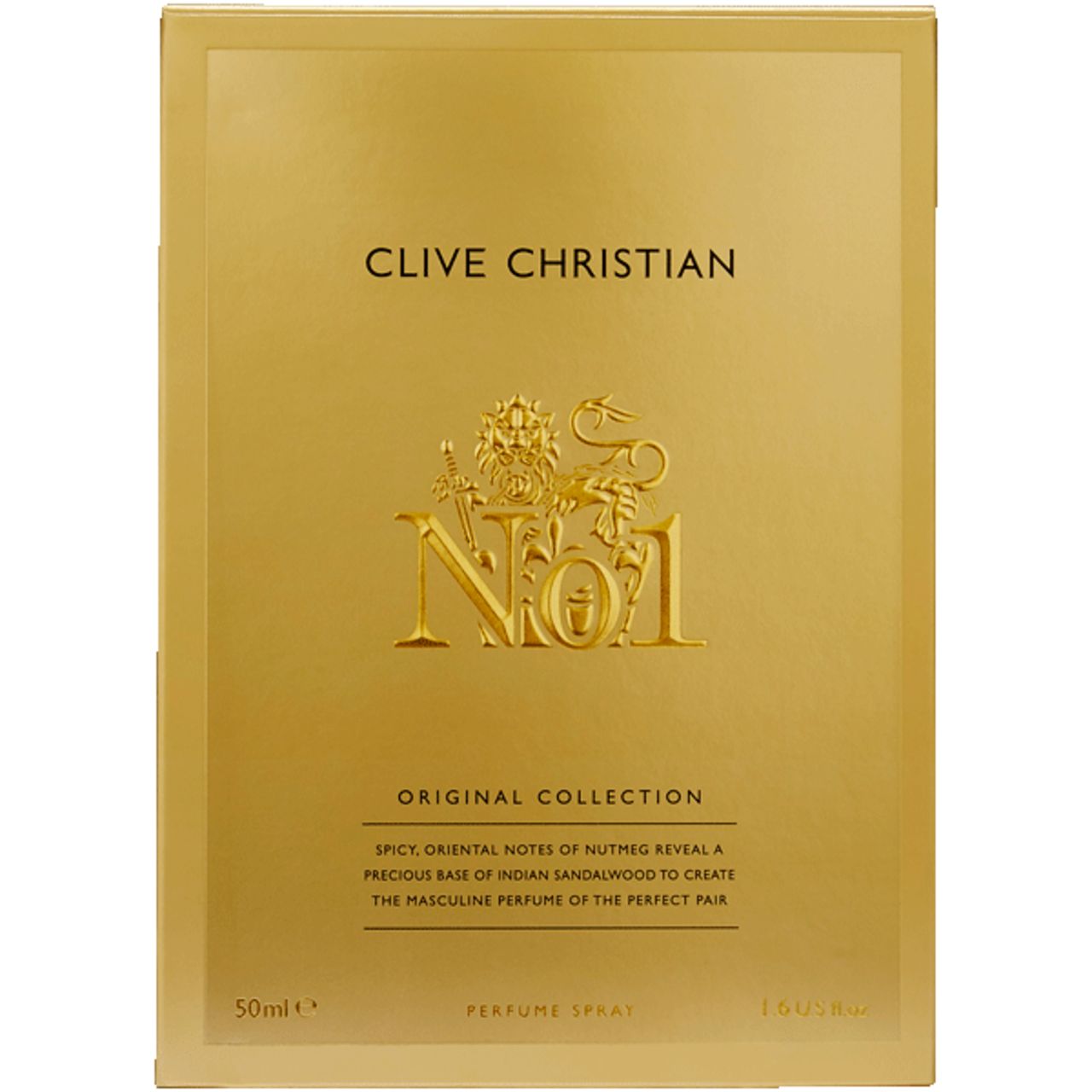 Goldfarbene Verpackung mit "Clive Christian" und "No.1" Schriftzug. Text: "Original Collection".