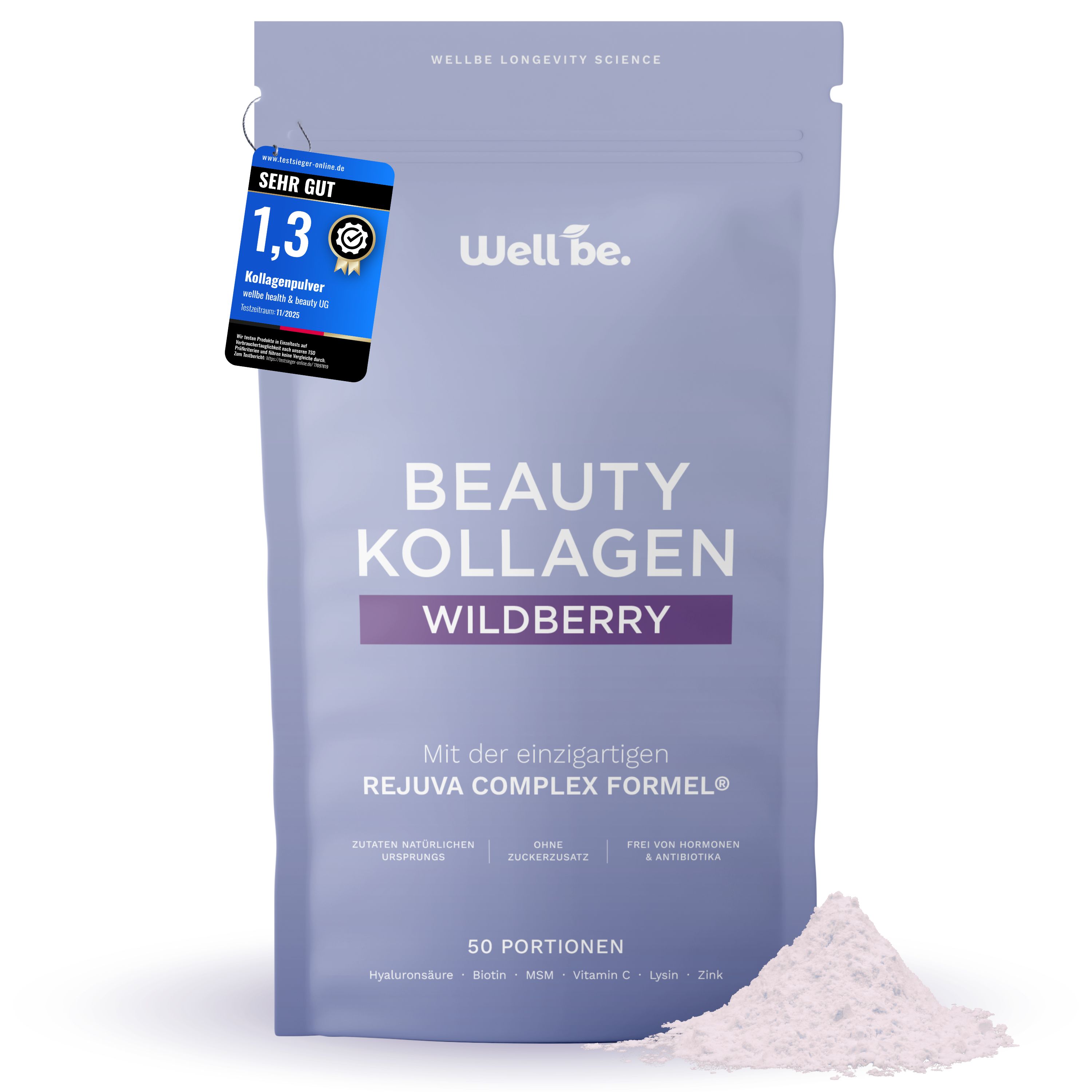 Wellbe Beauty Kollagen Wildberry Beutel mit Siegel 'Sehr Gut 1,3'. Pulver daneben.