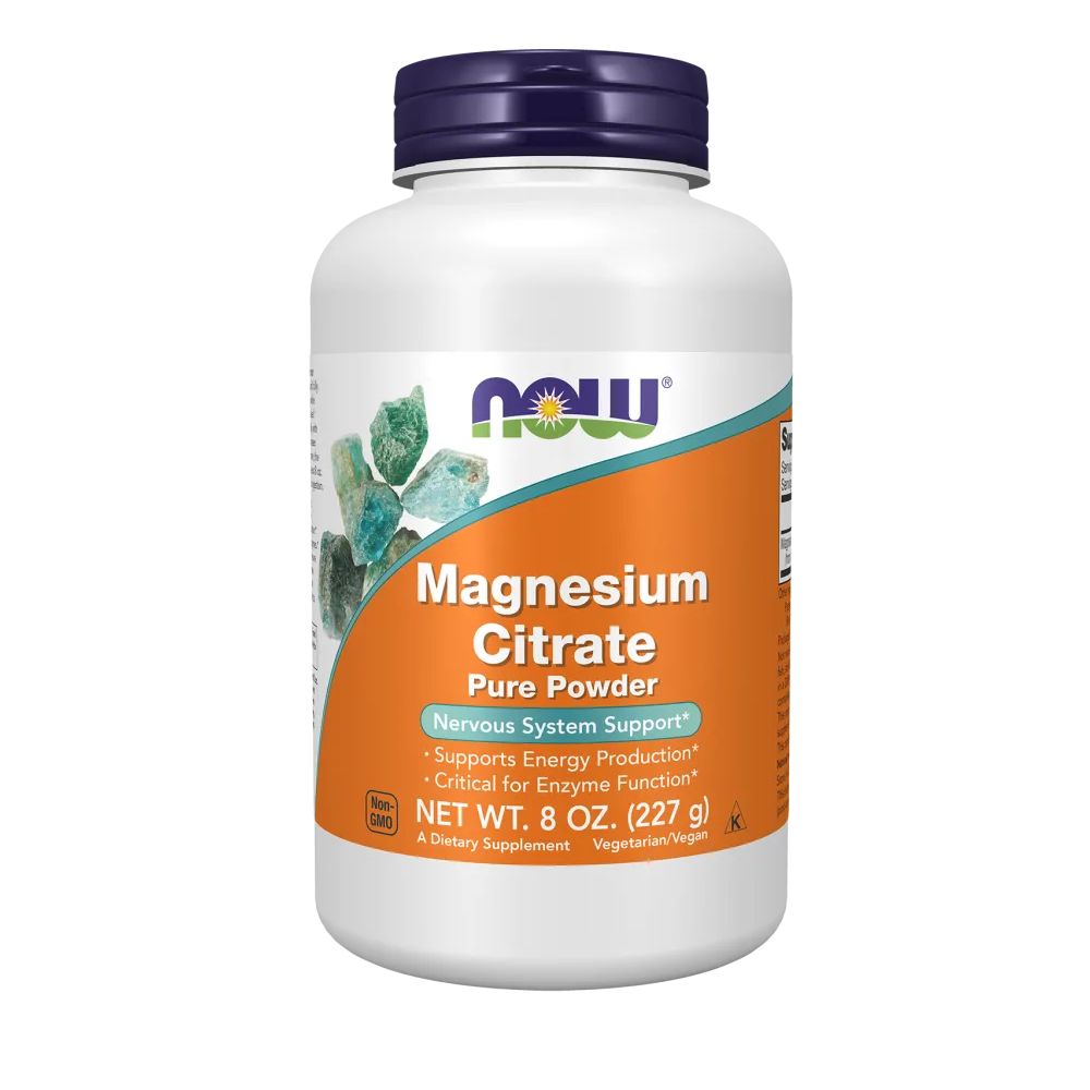 Weiße Flasche mit blauem Deckel. Aufschrift: Magnesium Citrat, Pure Powder. Nettogewicht: 8 OZ. (227 g). Vegetarisch/Vegan.