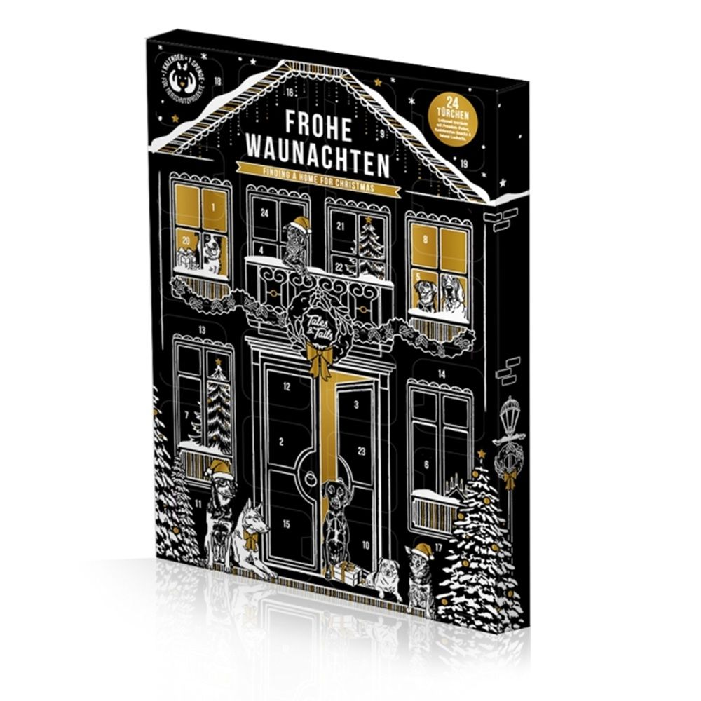 Adventskalender für Hunde. Schwarze Verpackung in Hausform mit goldenen Akzenten. Aufschrift: Frohe Waunachten. 24 Türchen.