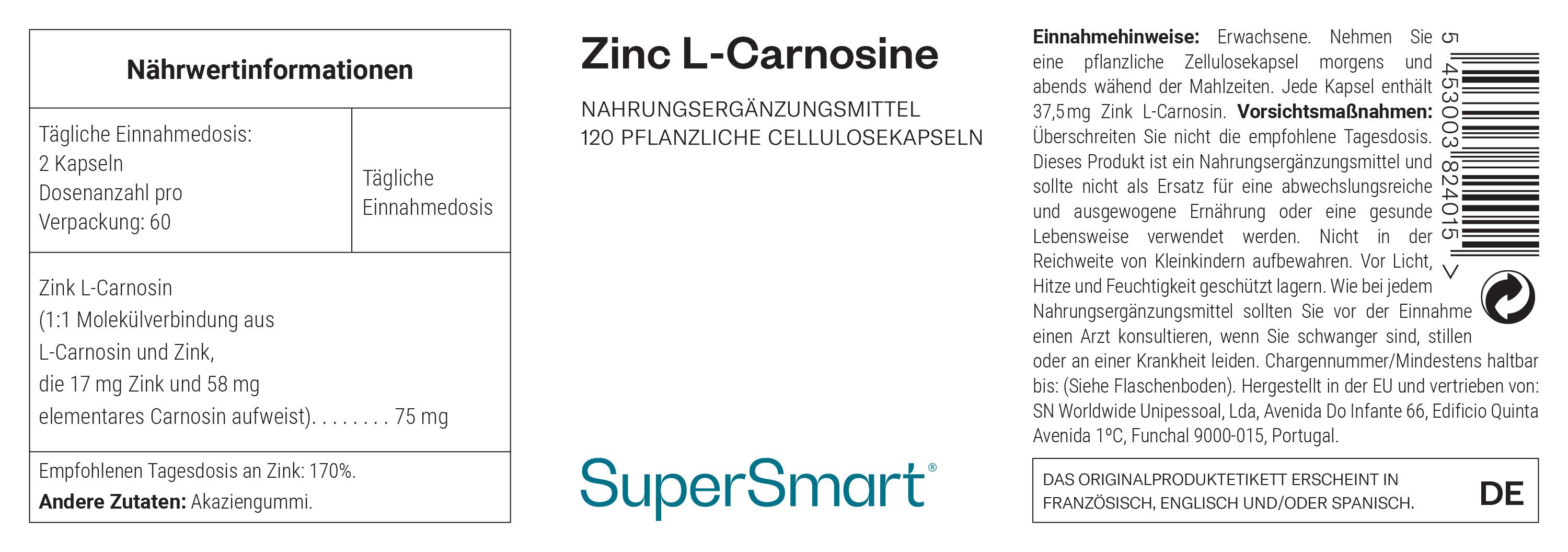 Etikett mit Informationen zu Zink L-Carnosin. 120 pflanzliche Zellulosekapseln. SuperSmart-Logo. Nährwertangaben und Inhaltsstoffe.