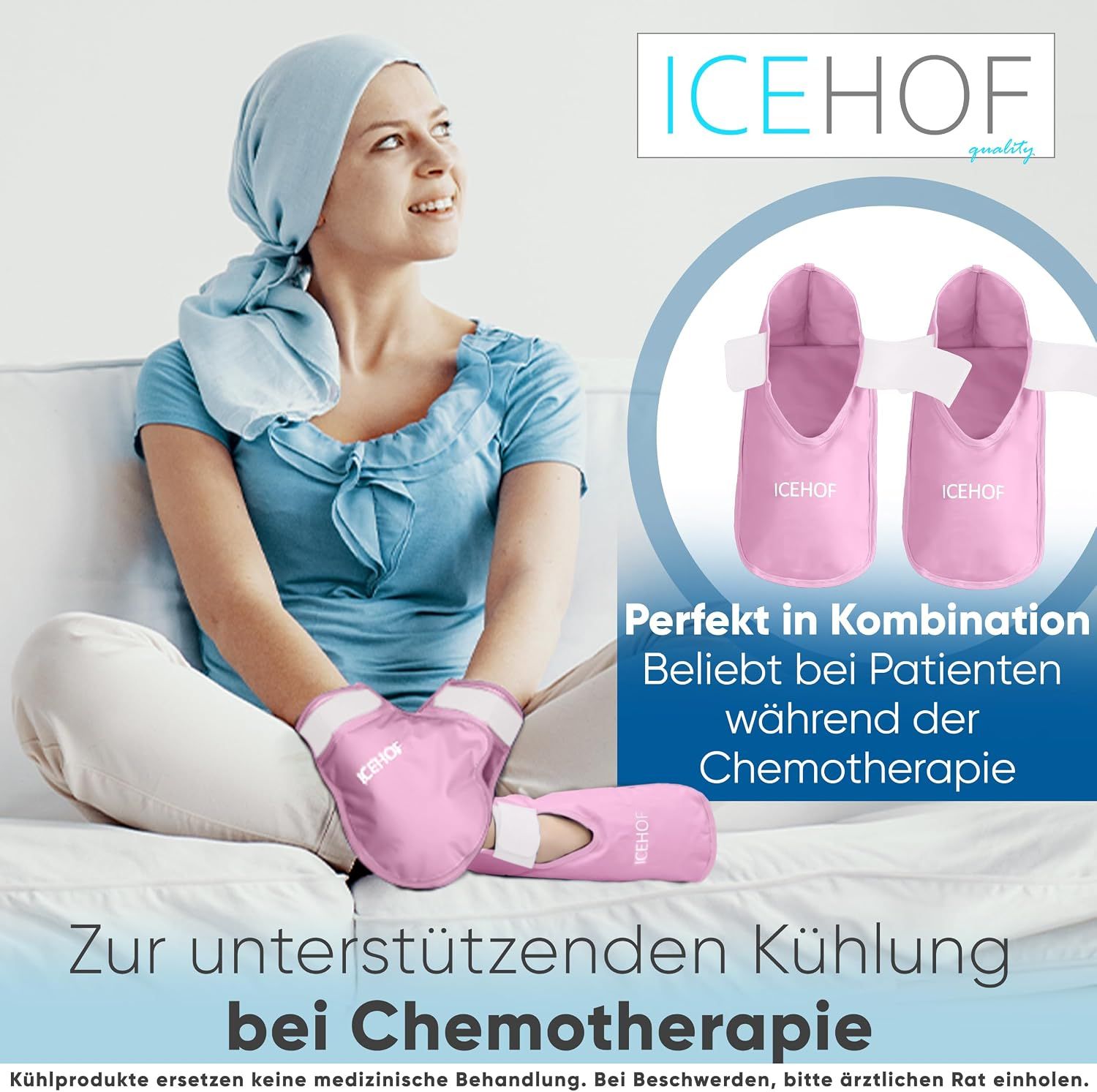 Frau mit rosa ICEHOF Kühlhandschuhen, zur unterstützenden Kühlung bei Chemotherapie.