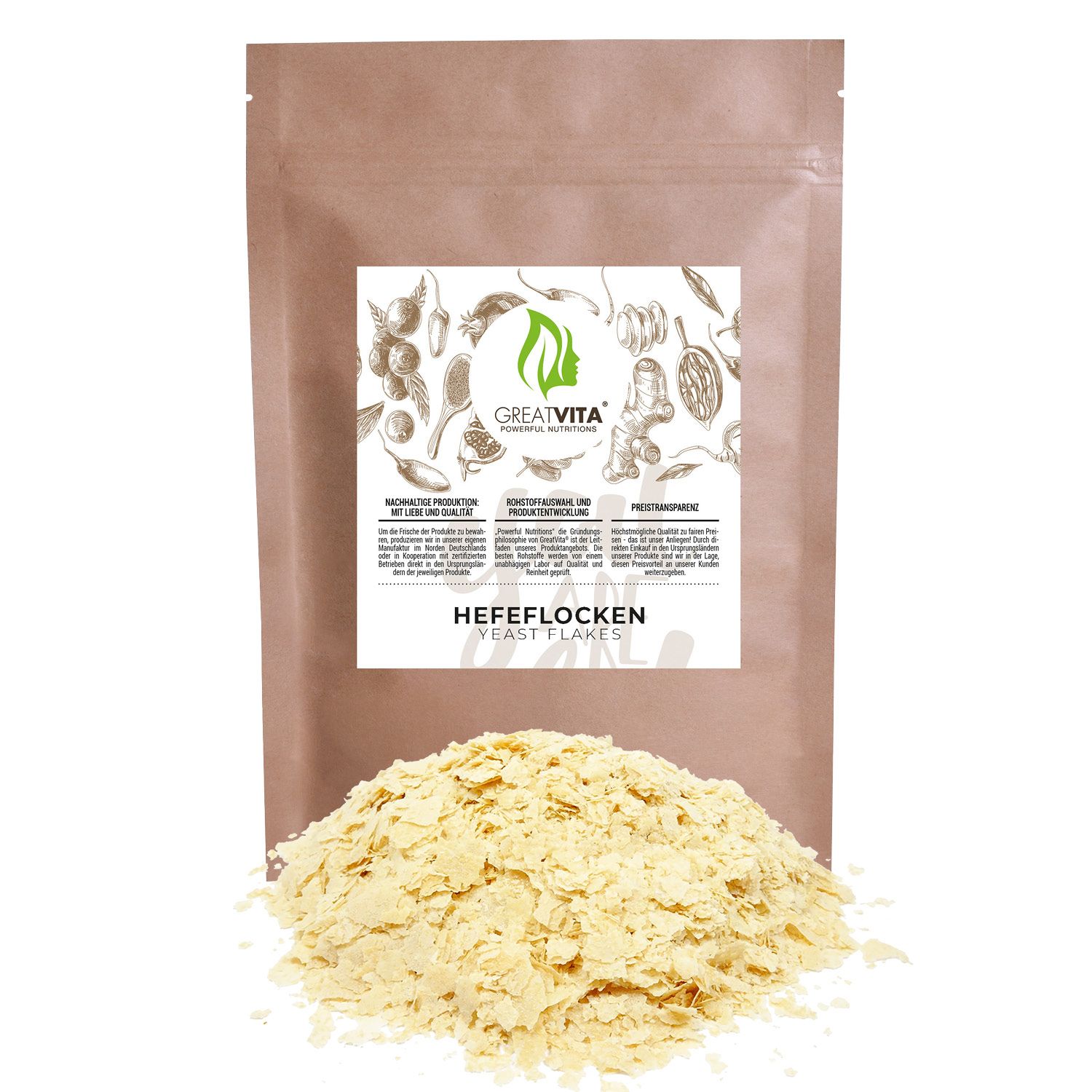 Braune Tüte mit Hefeflocken-Aufdruck. Flocken liegen darunter. Logo GreatVita.