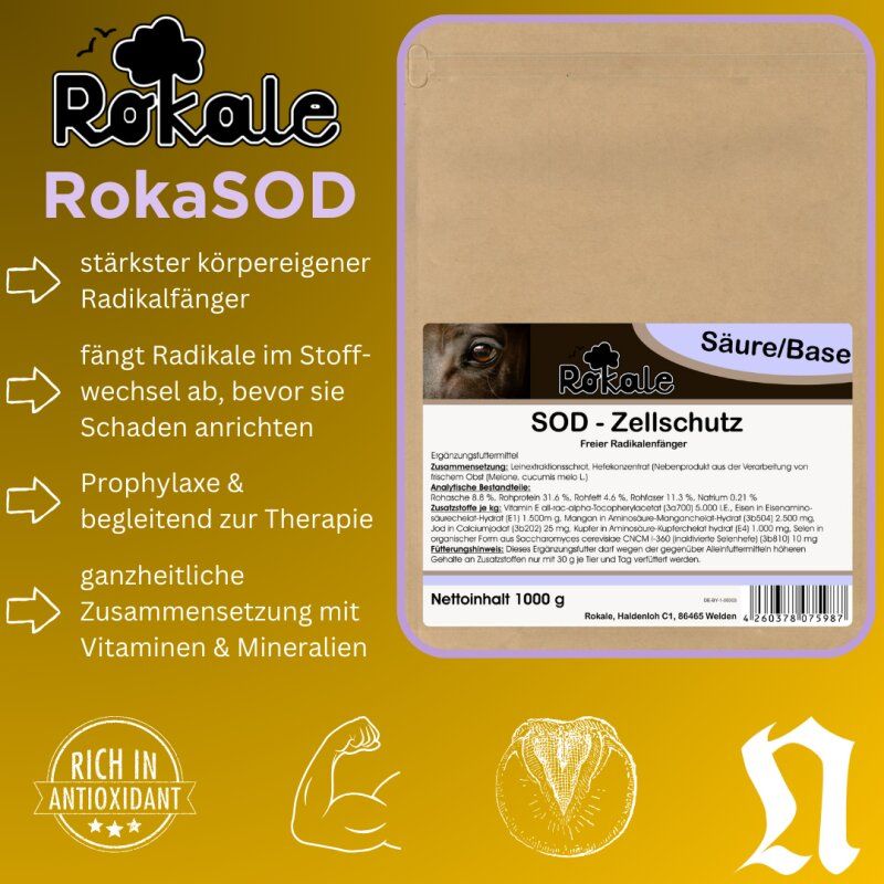 Produktverpackung mit Text und Logos. Aufschrift: Rokale RokaSOD SOD-Zellschutz. Zusätzliche Texte und Symbole. Nettoinhalt: 1000 g.