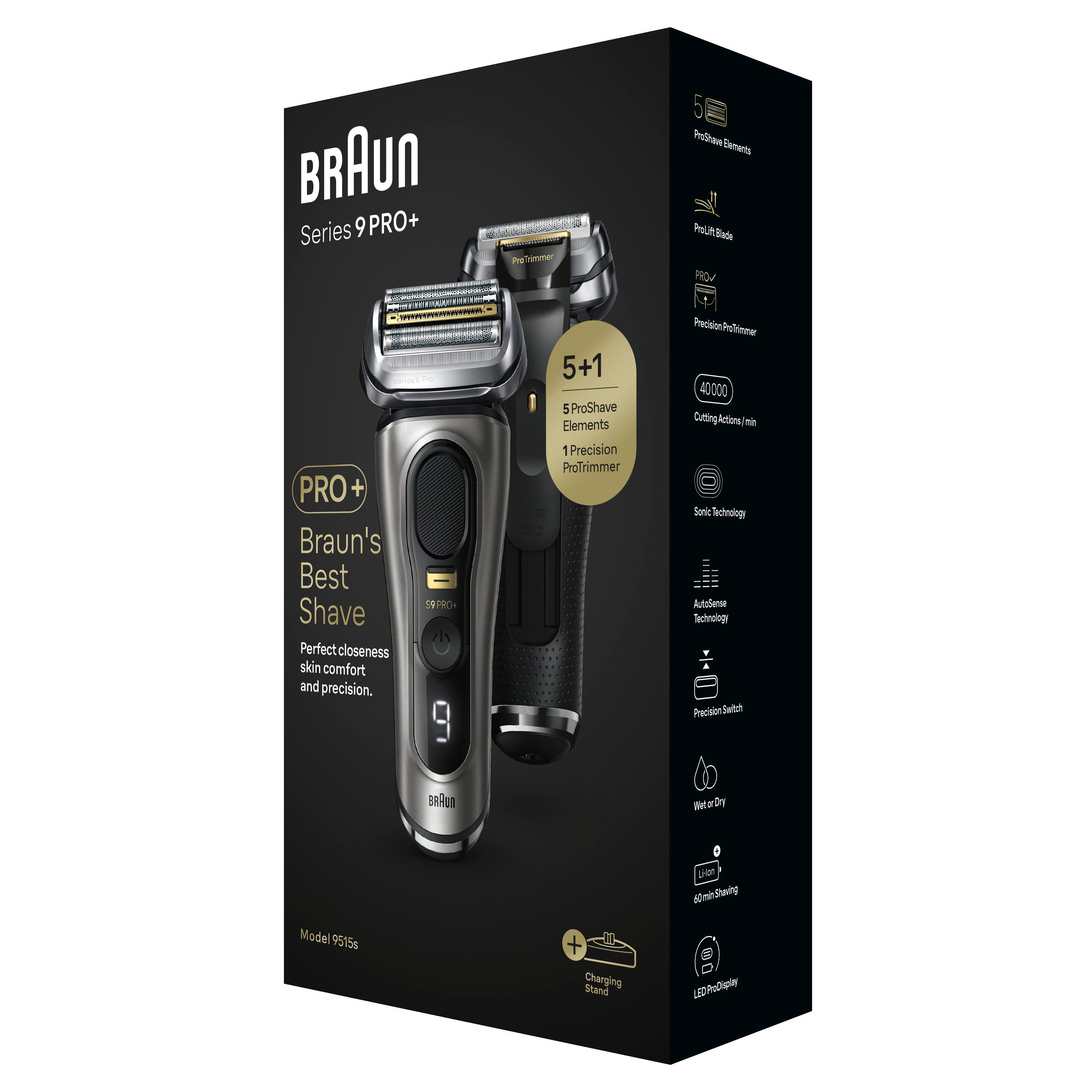 Braun Series 9 PRO+ Rasierer in Schwarz. Verpackung mit Produktmerkmalen und Ladestation. Auf der Verpackung steht "Braun's Best Shave".