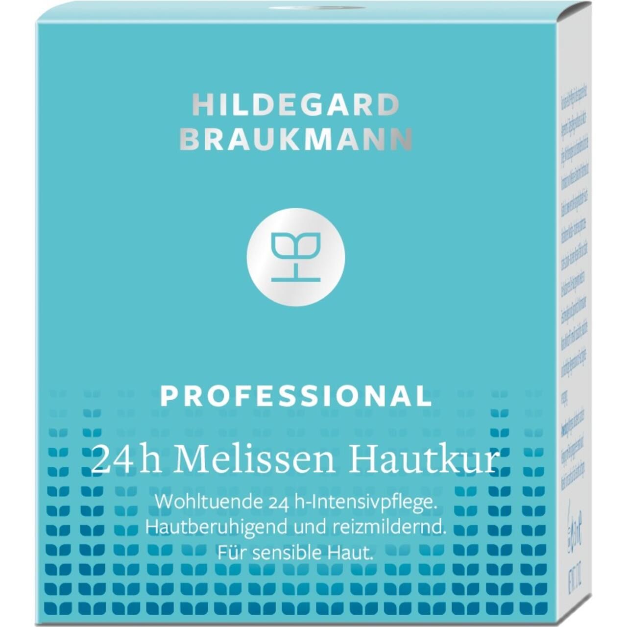 Karton mit Aufschrift: Hildegard Braukmann, Professional, 24h Melissen Hautkur. Text: Wohltuende 24 h-Intensivpflege. Für sensible Haut.