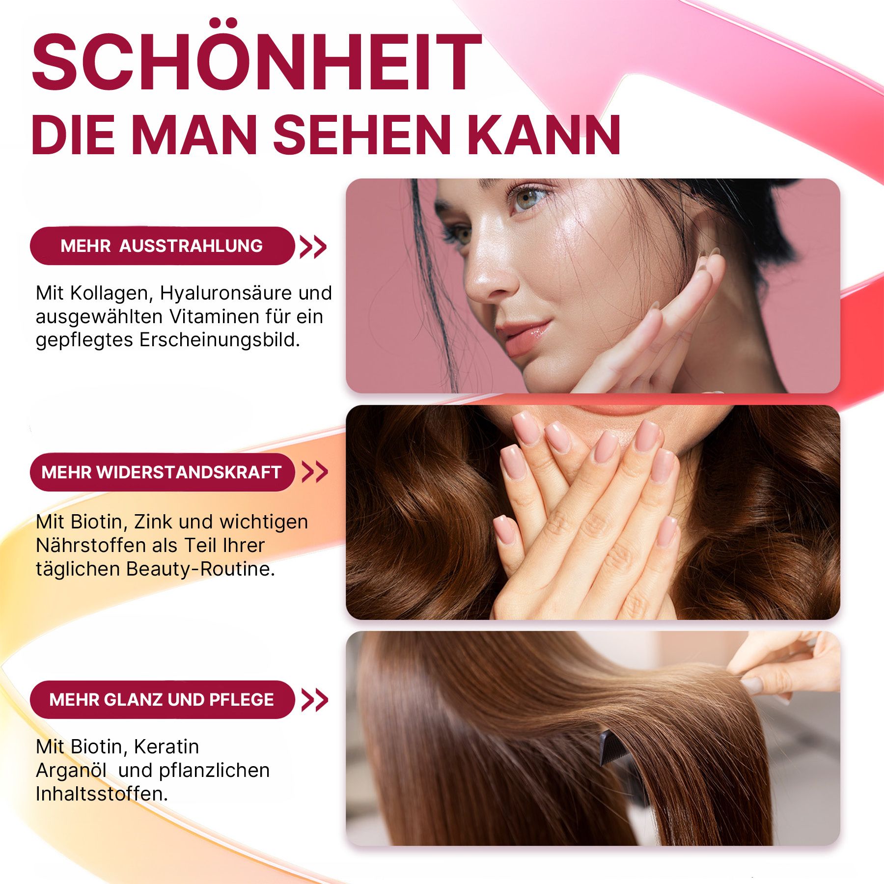 Collagen, Hyaluronsäure und Vitamine für Haut, Haare und Nägel.